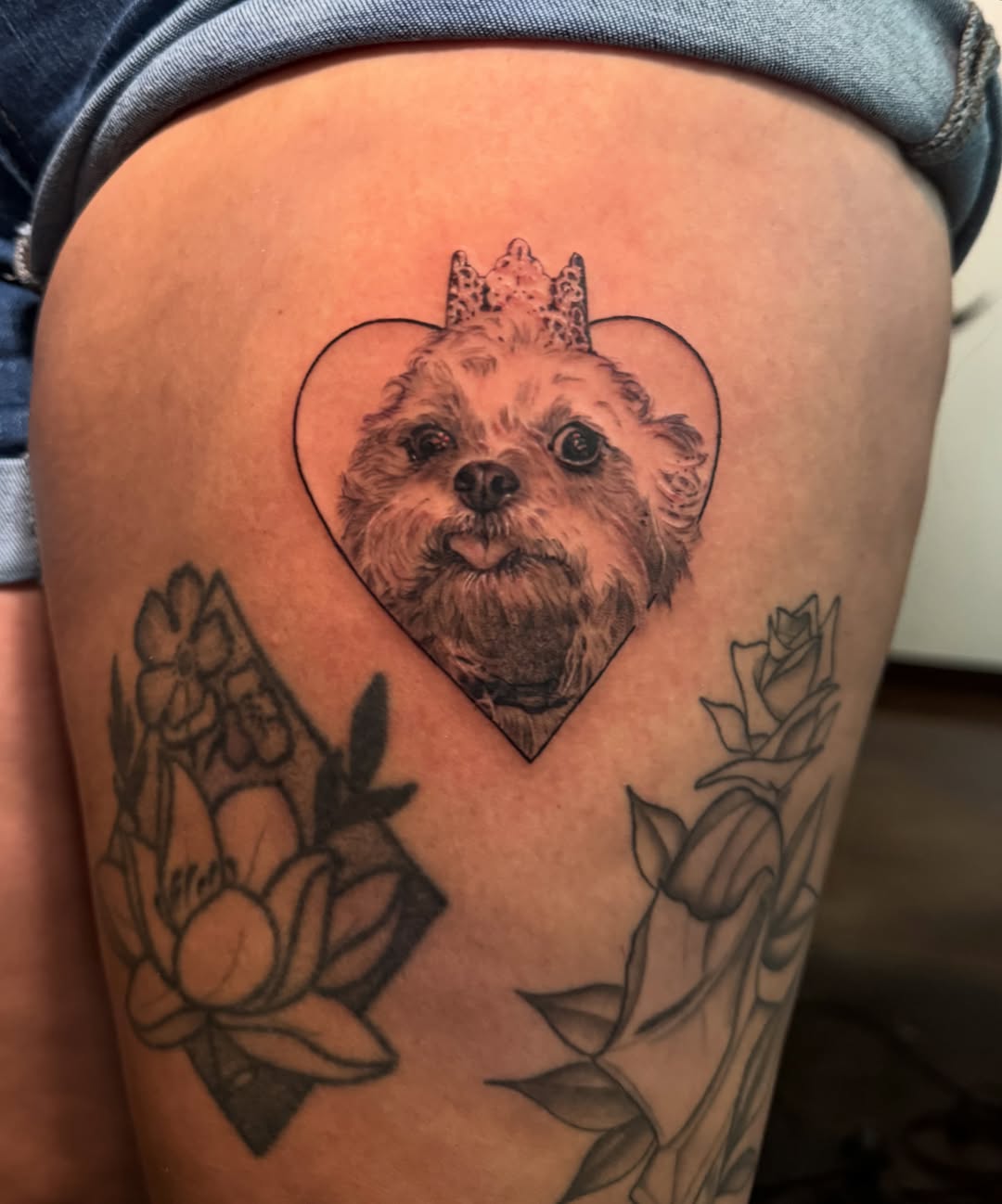 Dog portrait realism tattoo on the thigh by Mia