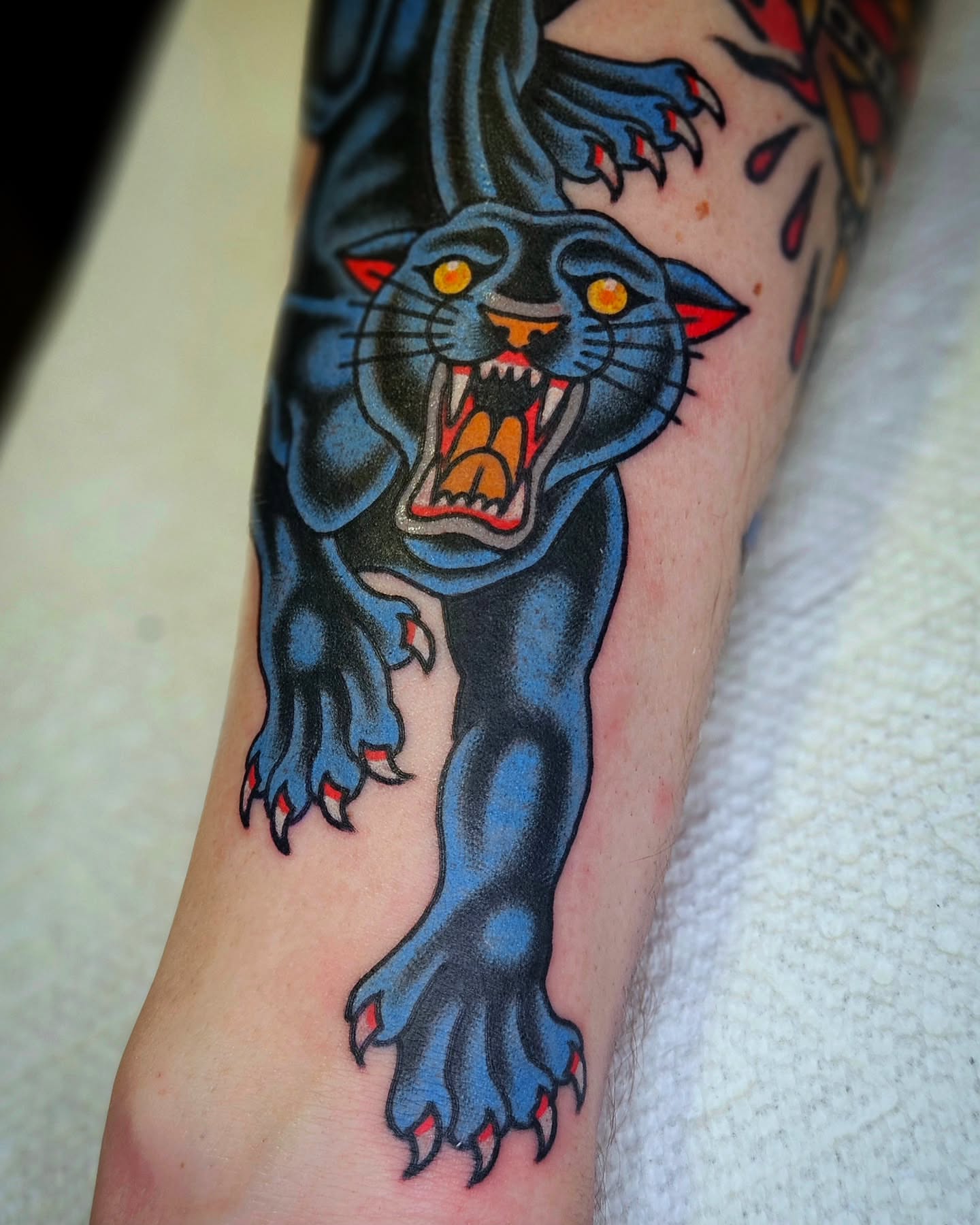 Panther American traditional tattoo on the forearm by Mike Graske, Minneapolis, Minnesota
