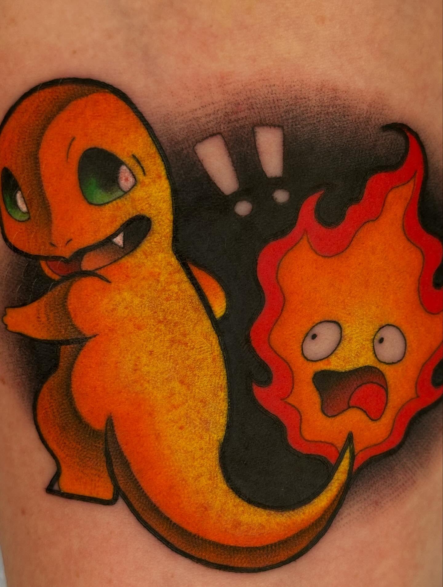 Charmander and flame anime tattoo on the upper arm by ✨ Mandy Foster - Bremerton Tattoo Artist✨, Bremerton, Washington