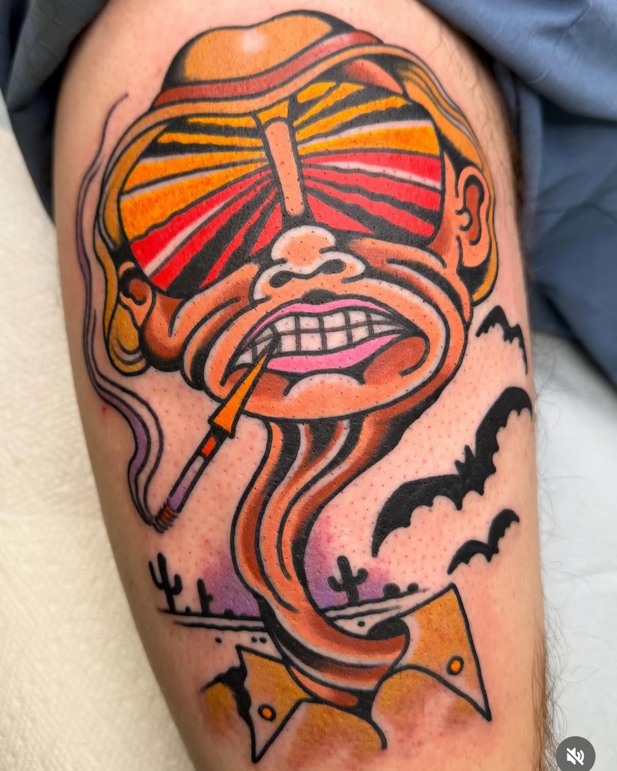 Monkey smoking American traditional tattoo on the thigh by Danny Reed, Asheville, North Carolina