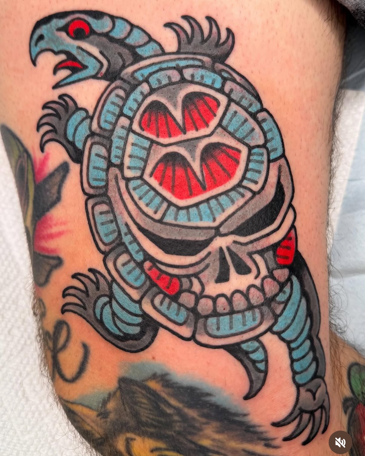 Skull and bird American traditional tattoo on the forearm by Danny Reed, Asheville, North Carolina