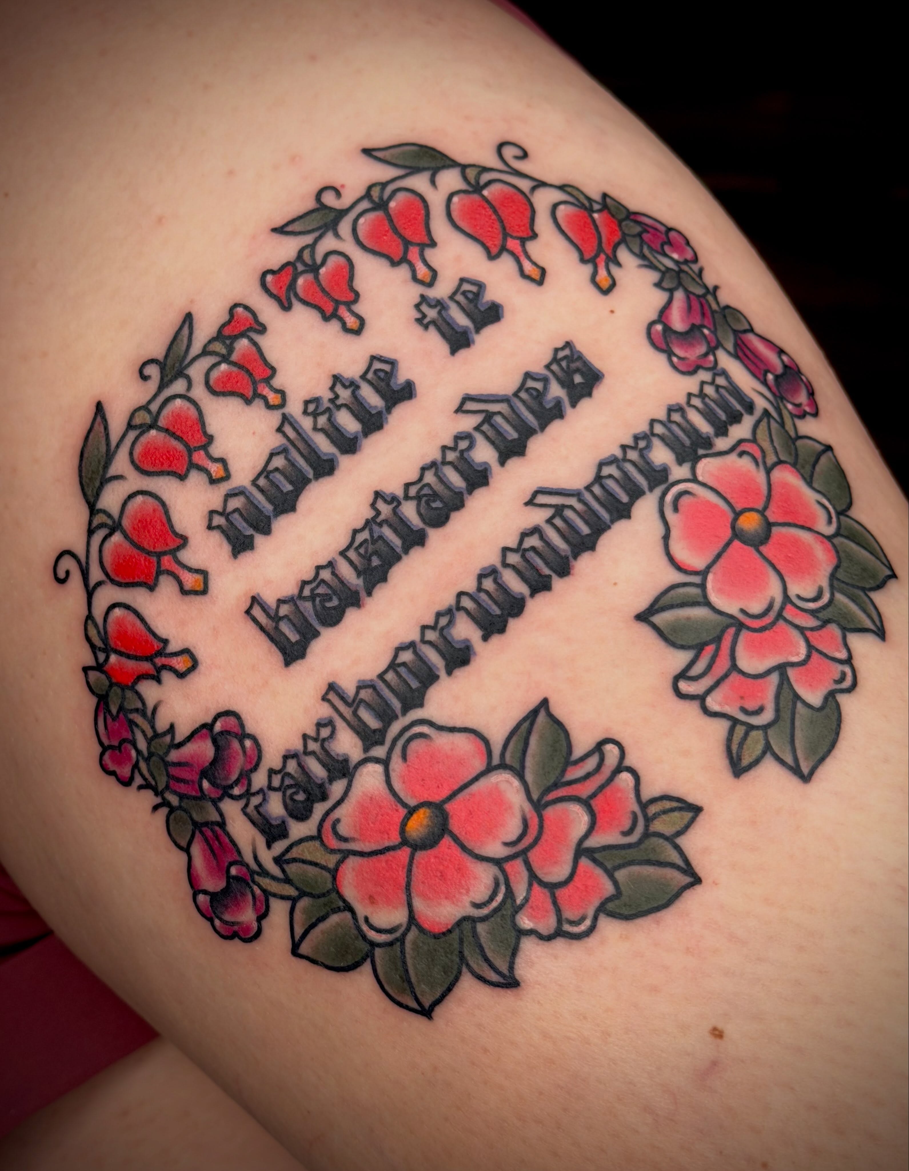 DNA helix with floral wreath American traditional tattoo on the thigh by Beeker, Bellingham, Washington