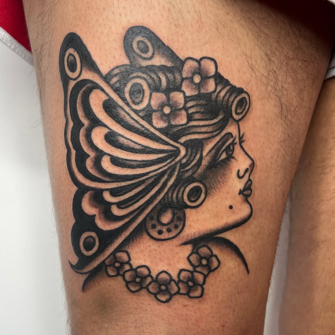 Woman with ornate headdress ornamental tattoo on the thigh by Leo 🌞 Pdx Tattoo