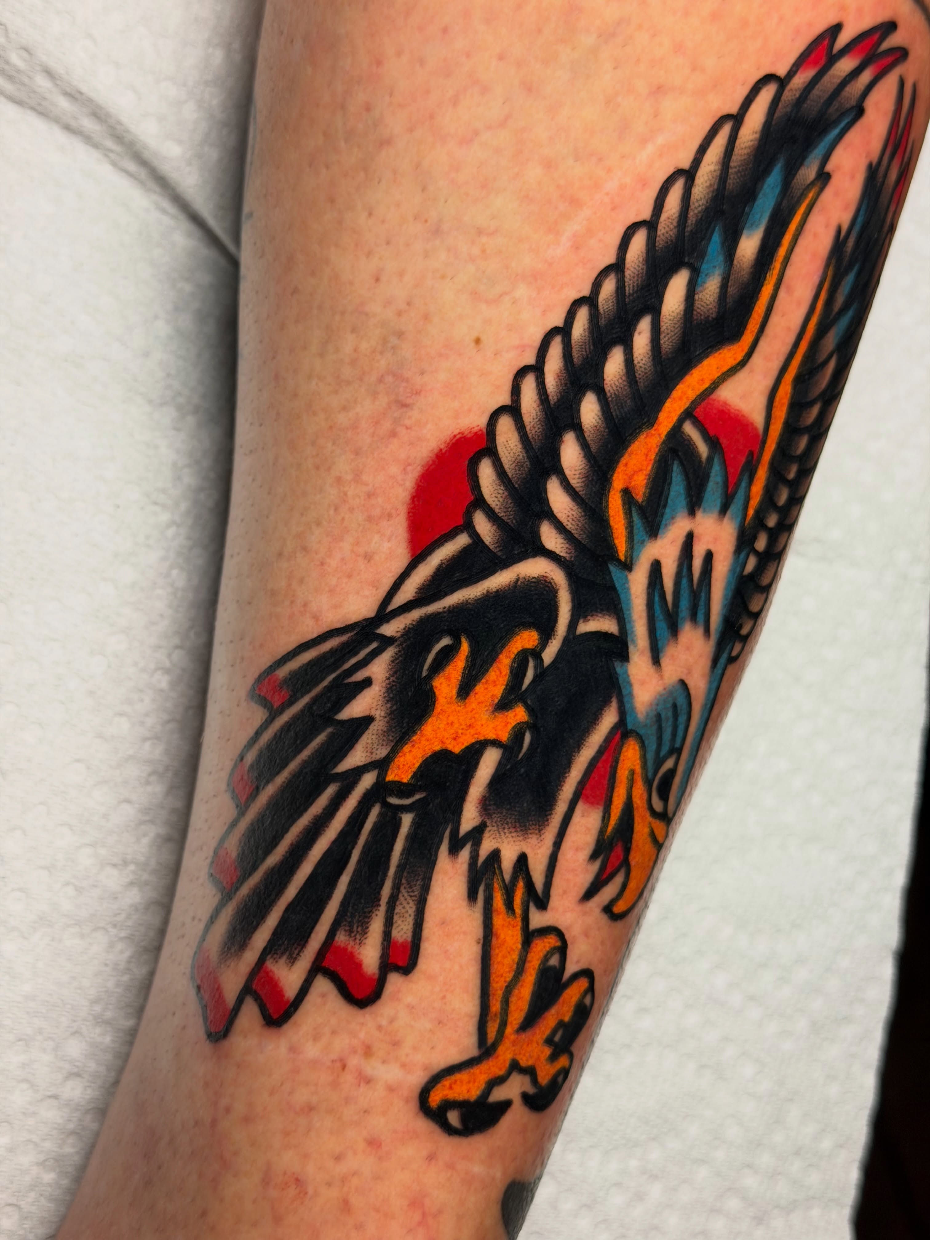 Eagle American traditional tattoo on the forearm by Kyle Dean Traditional Tattoo Artist