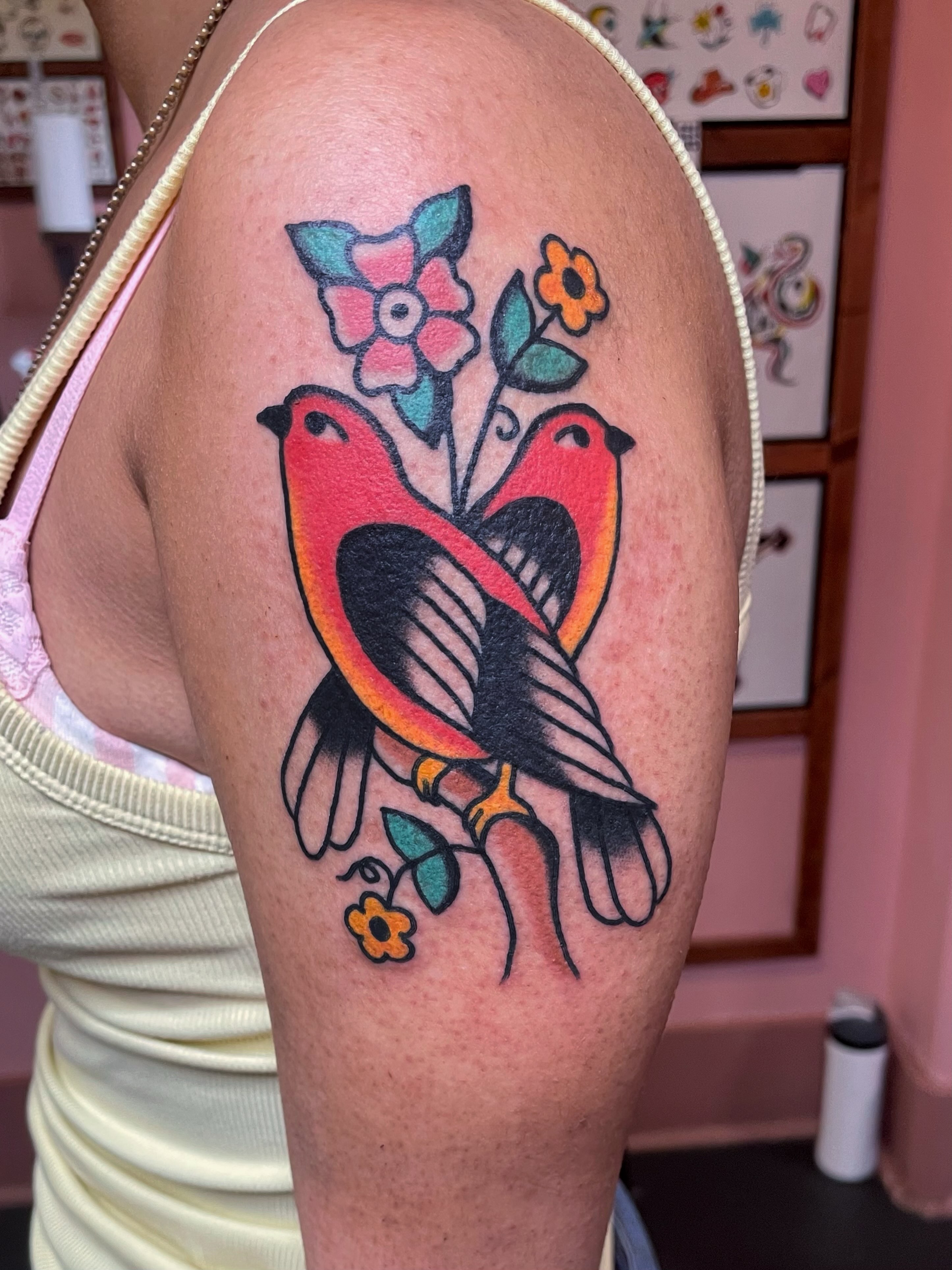Birds and flowers American traditional tattoo on the thigh by nancy❣️