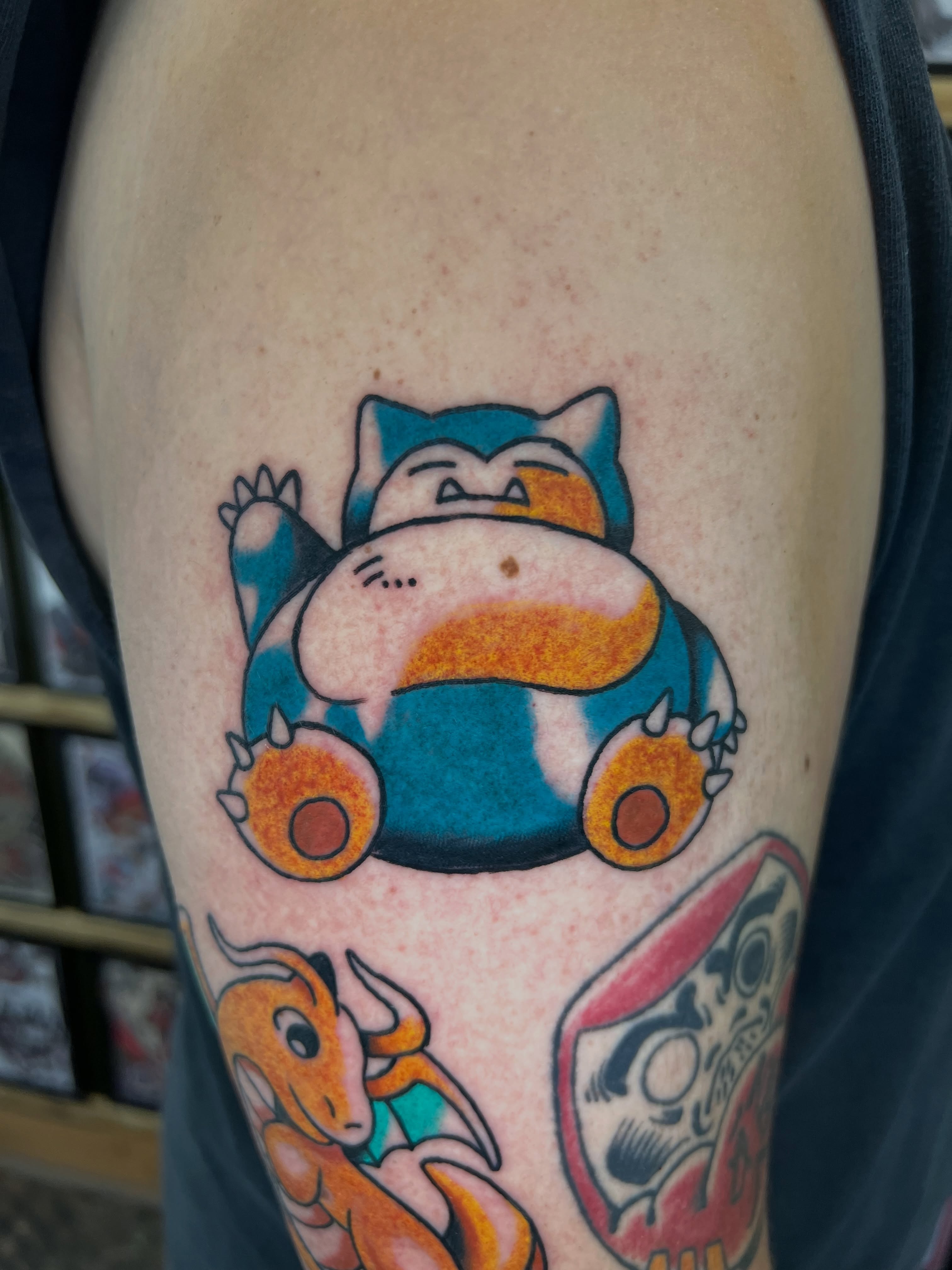 Snorlax American traditional tattoo on the thigh by 🍊Harvey Perez 🍊, Deerfield Beach, Florida