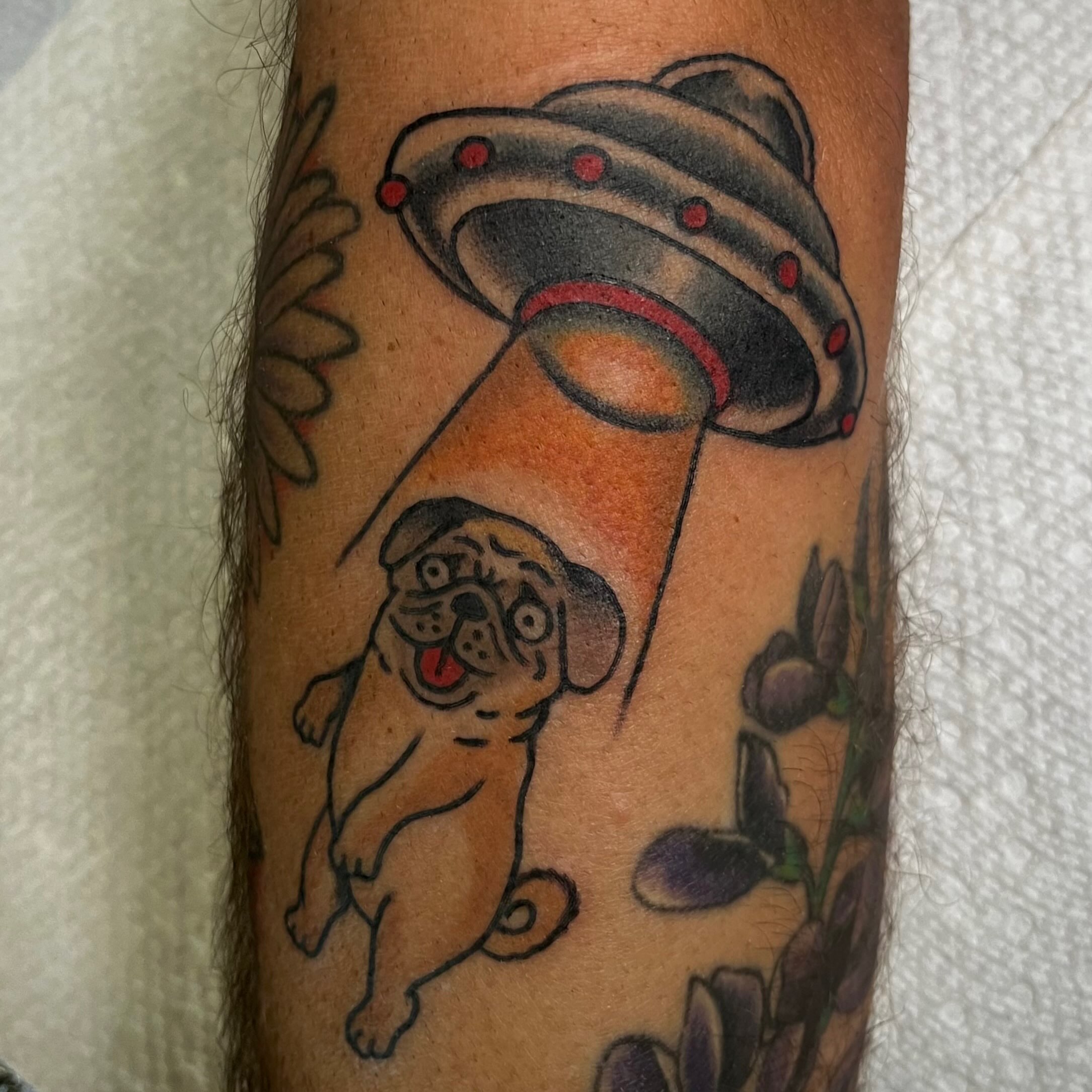 Pug and UFO American traditional tattoo on the forearm by Elizabeth Summers ❨・¨⬮ Traditional Tattoo