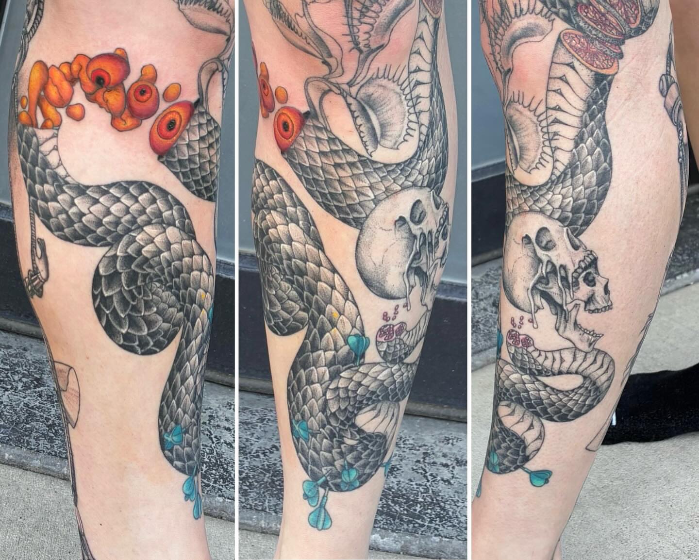 Snake and skull American traditional tattoo on the forearm by Linzi Hungerford, Bozeman, Montana