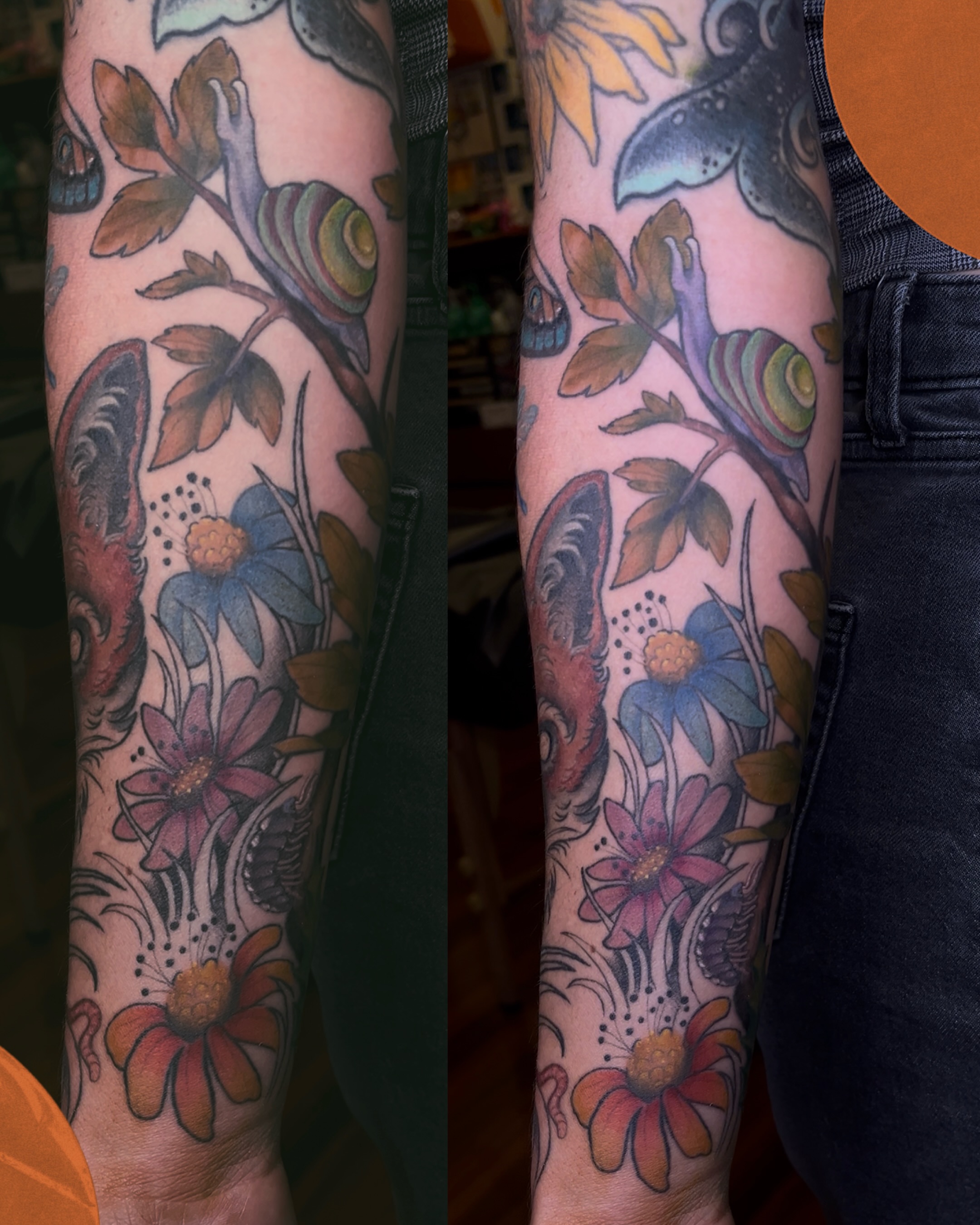 Floral and insect motifs American traditional tattoo on the forearm by Kyla Jae