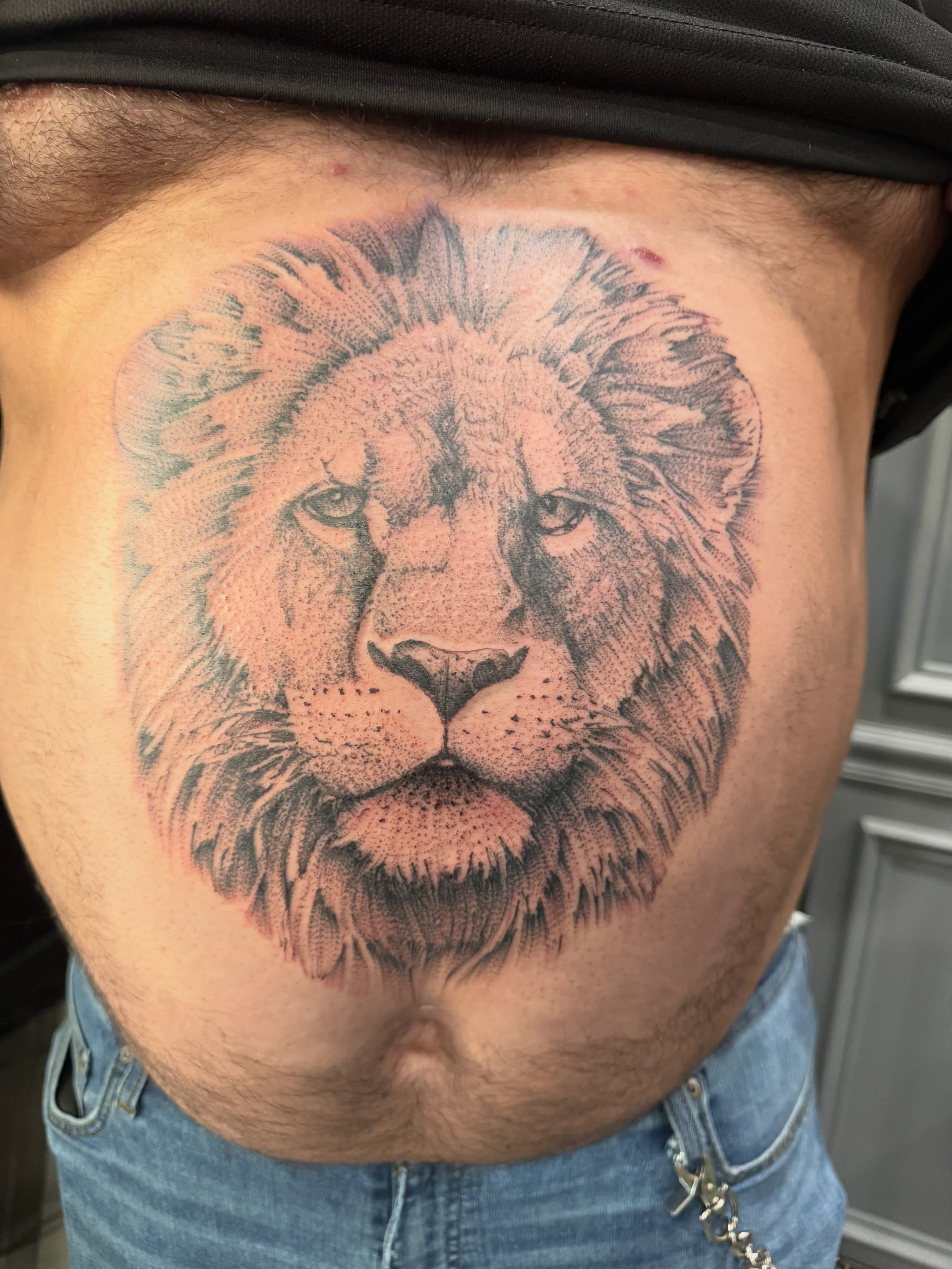 Lion realism tattoo on the chest by Dave Potavin, Erlanger, Kentucky
