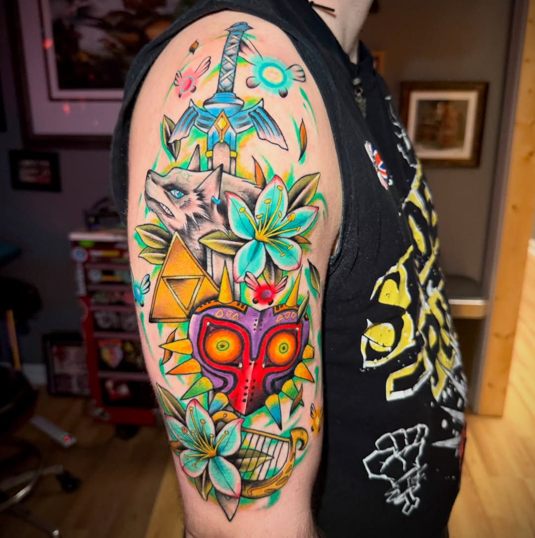 Majora's Mask new school tattoo on the forearm by Mike Lachowicz