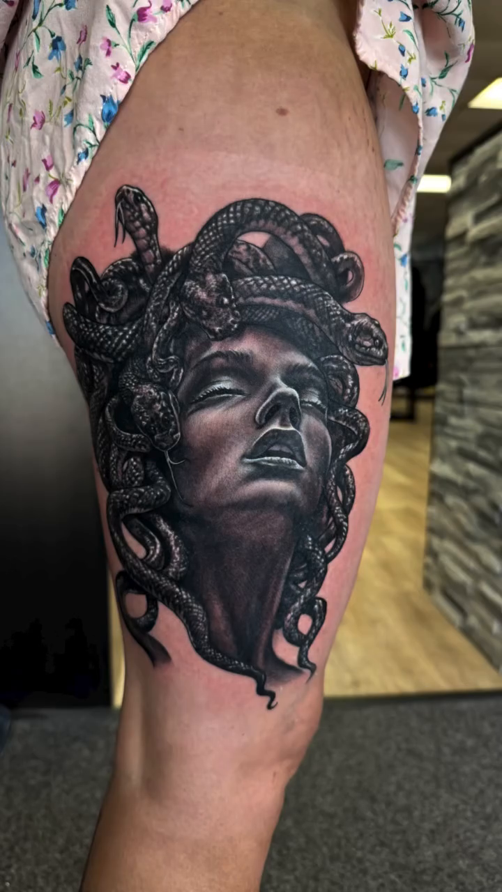 Medusa head realism tattoo by Tatgunjoe, Salt Lake City, Utah