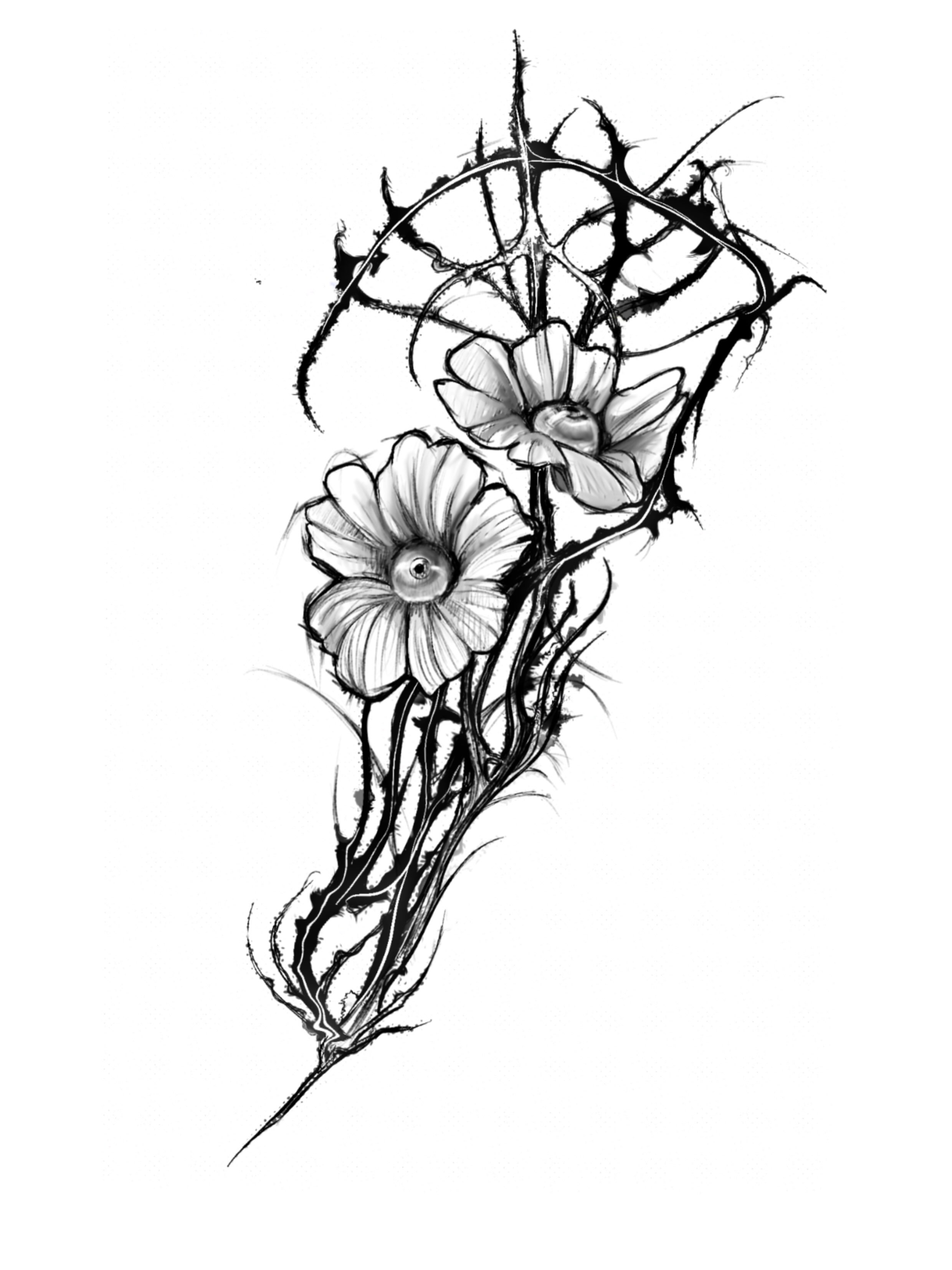 Flowers and thorns black and grey tattoo by Uku Tattoos, Cambridge, England