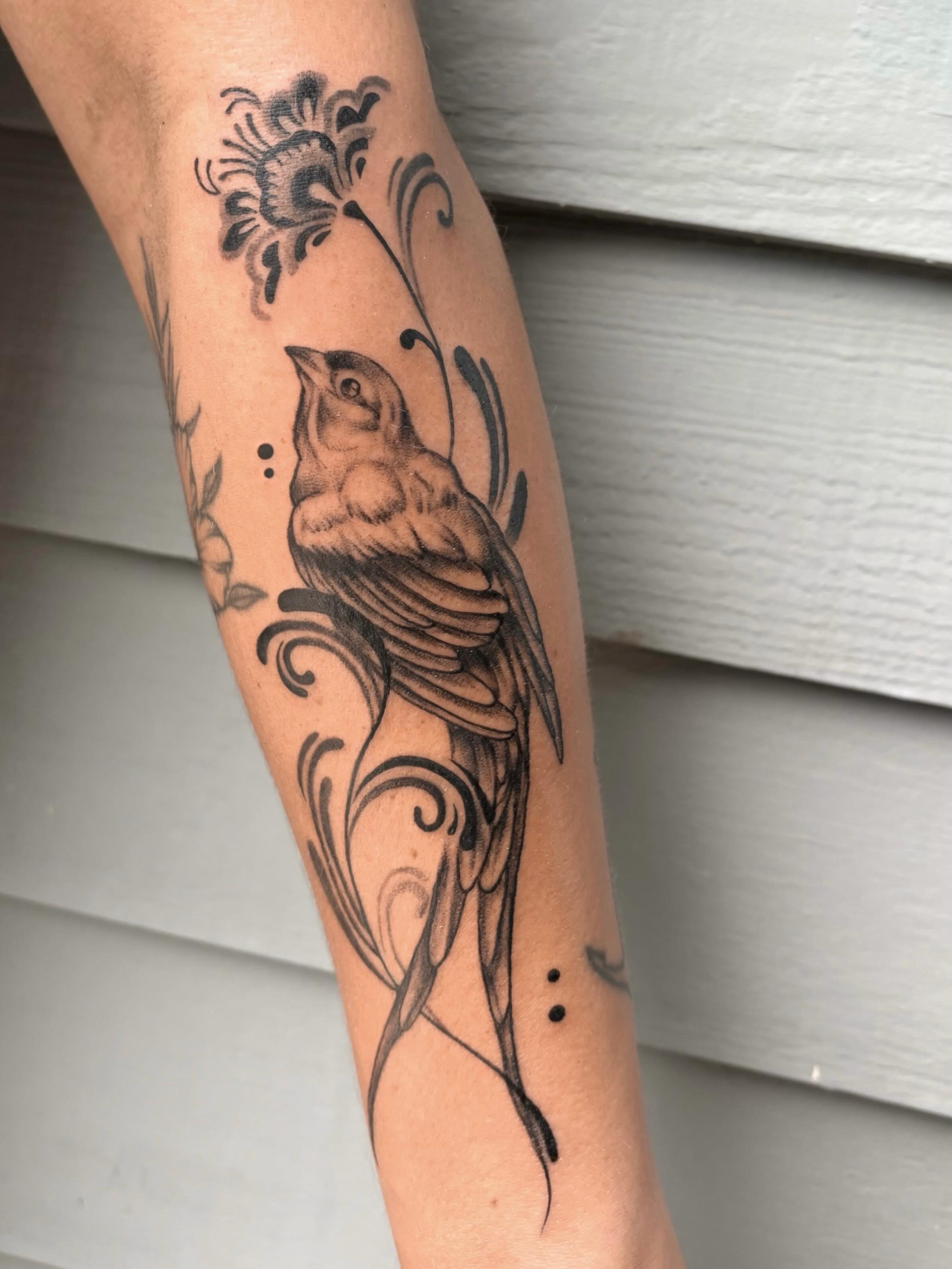 Bird and floral black and grey tattoo on the forearm by ππ²π΅π π§ - π£πͺπ½π½πΈπΈ ππ»π½π²πΌπ½