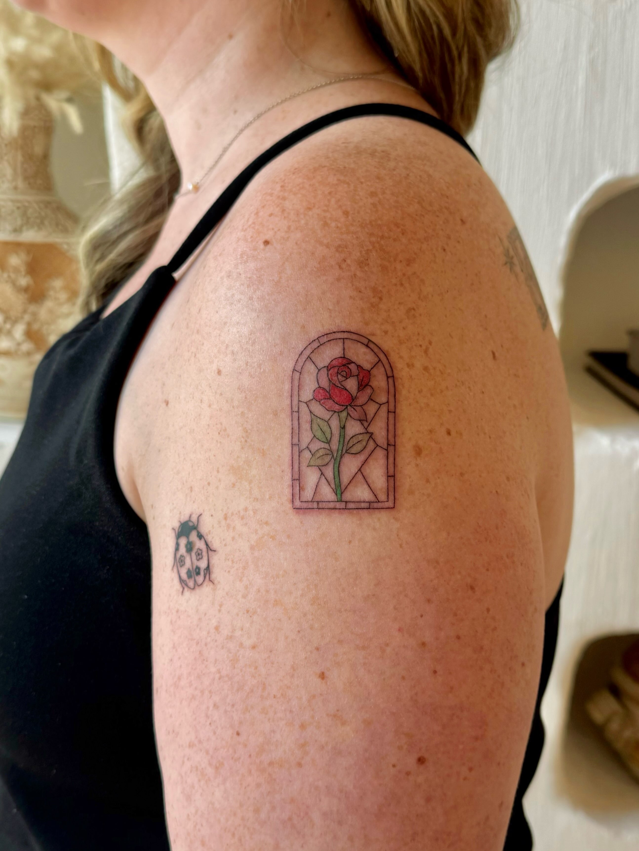 Stained glass window geometric tattoo on the shoulder by Shilo Gold 🍒