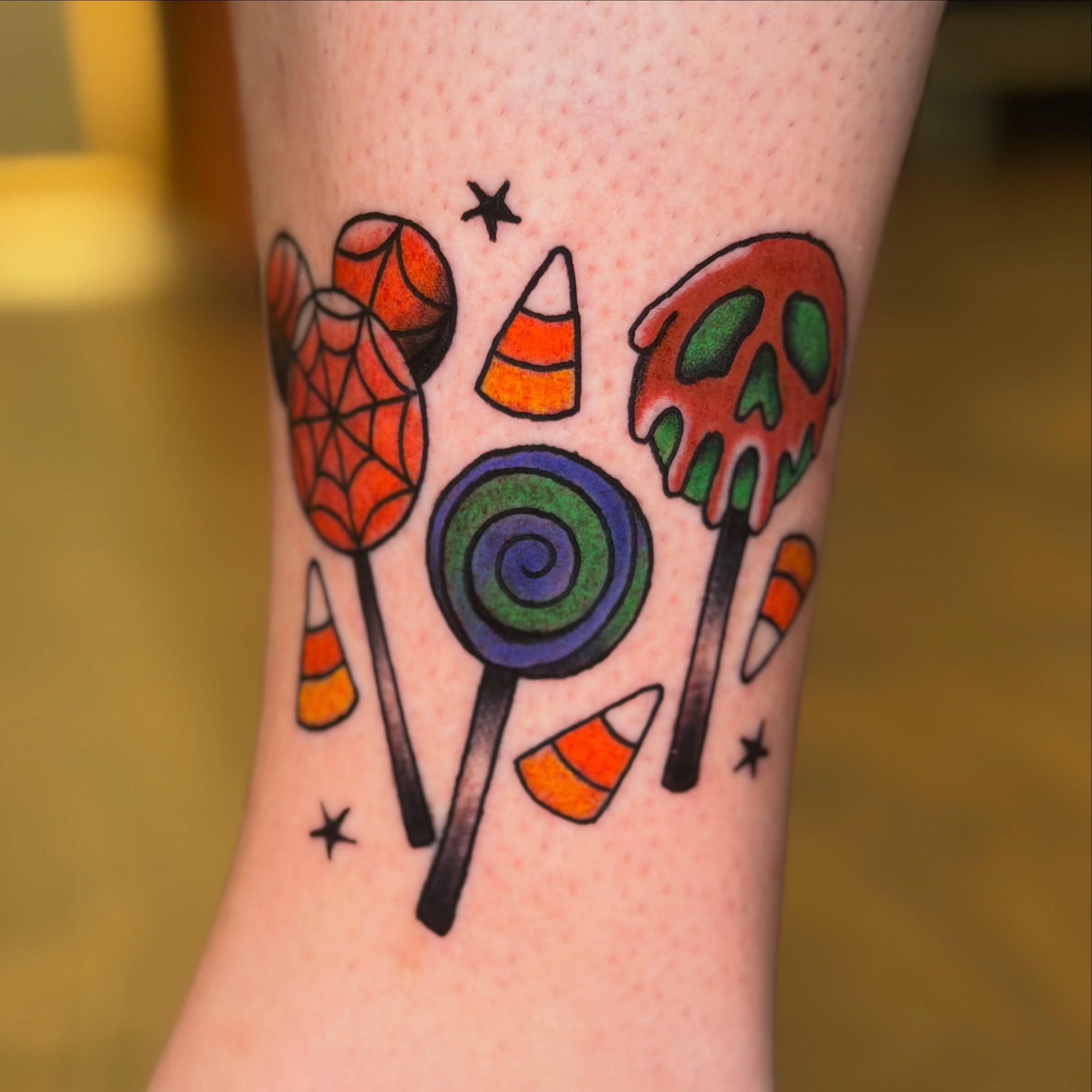 Candy-themed American traditional tattoo on the forearm by π Erin Stephens π€