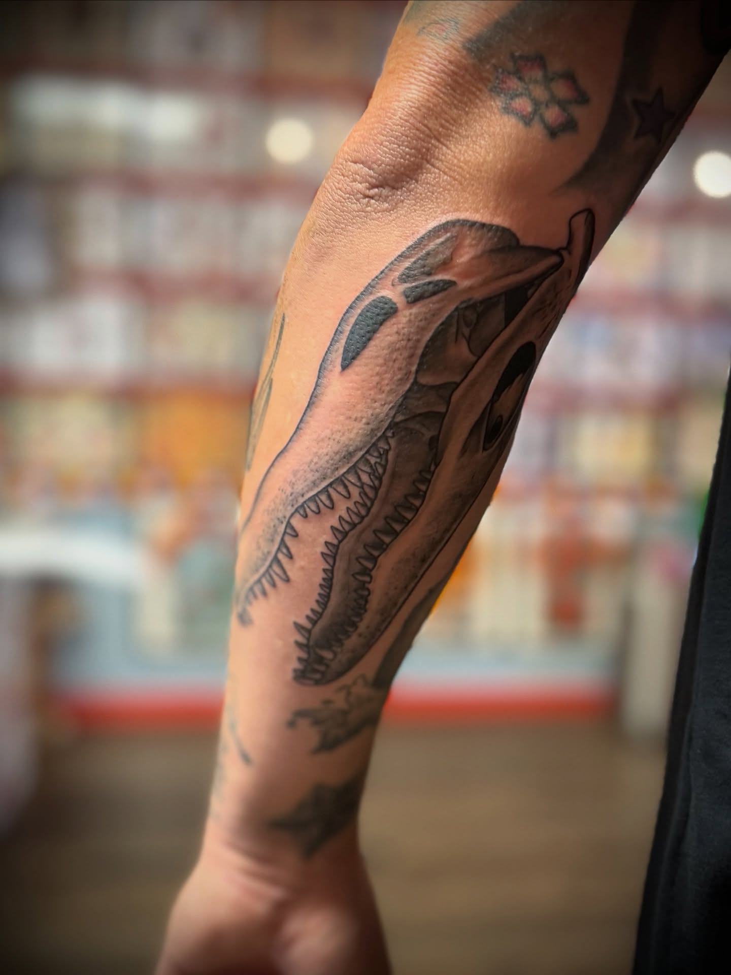 Alligator black and grey tattoo on the forearm by Justin Bianchini - New Orleans Tattoo Artist