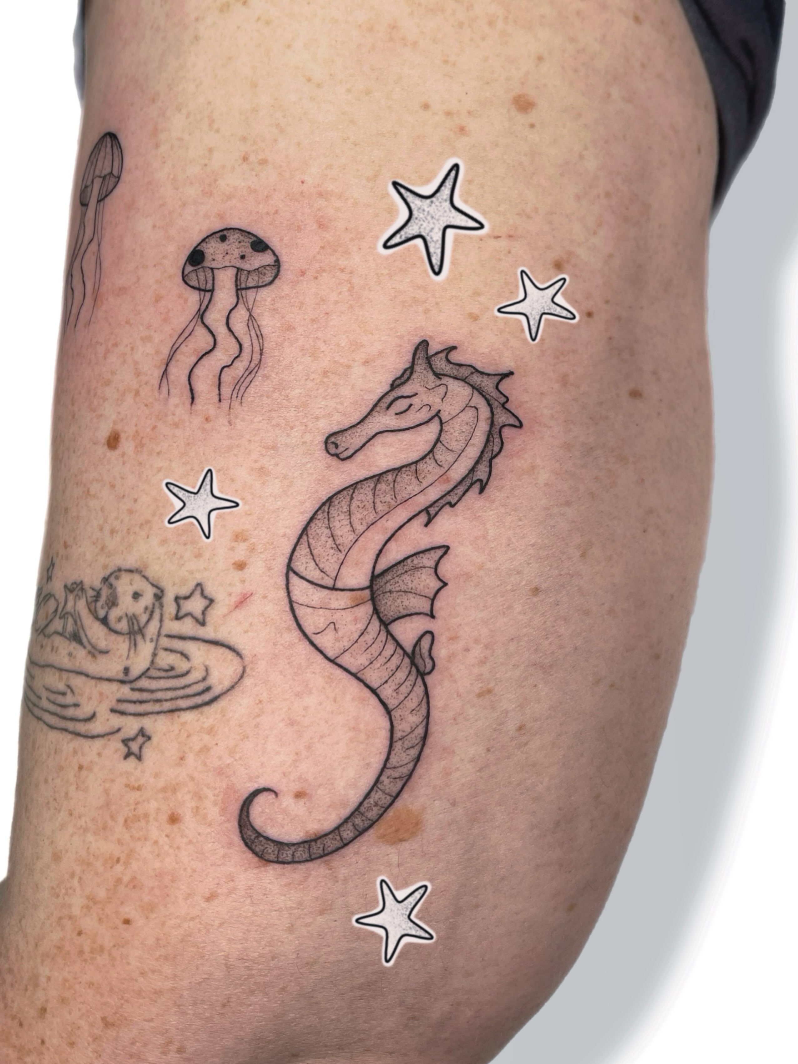 Seahorse black and grey tattoo on the forearm by Jules ๐โโฌ, Chicago, Illinois