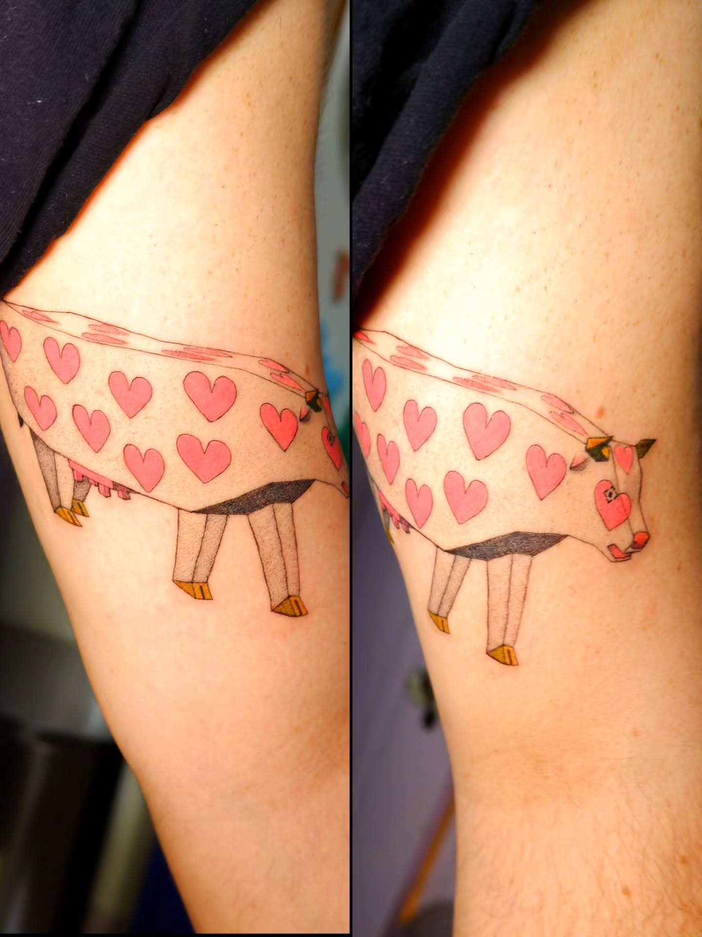 Cow with hearts new school tattoo on the forearm by bird ✦ tattoo artist ✦ philadelphia