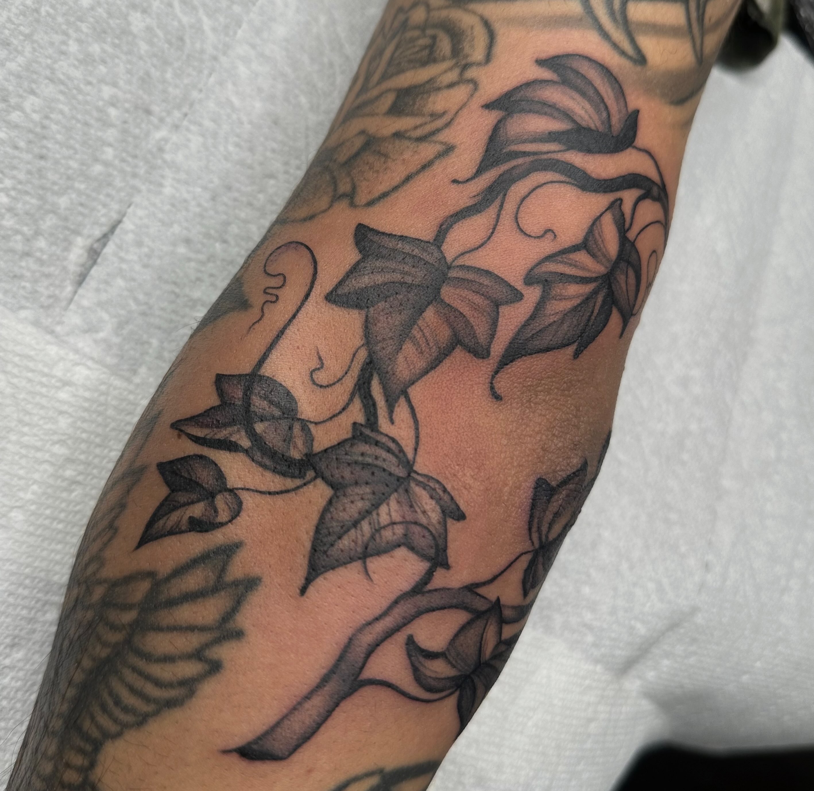 Flower vine black and grey tattoo on the forearm by Aleksandra