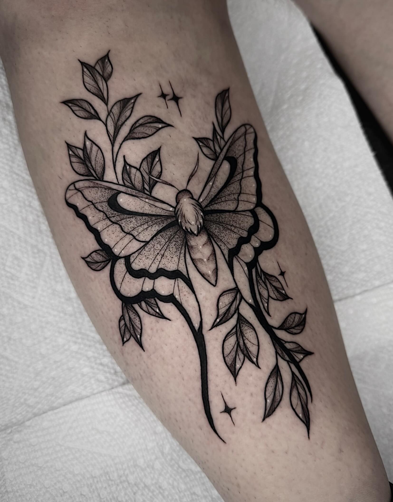 Butterfly and leaves dotwork tattoo on the forearm by 𝔅𝔯𝔦 𝔉𝔩𝔢𝔱𝔠𝔥𝔢𝔯