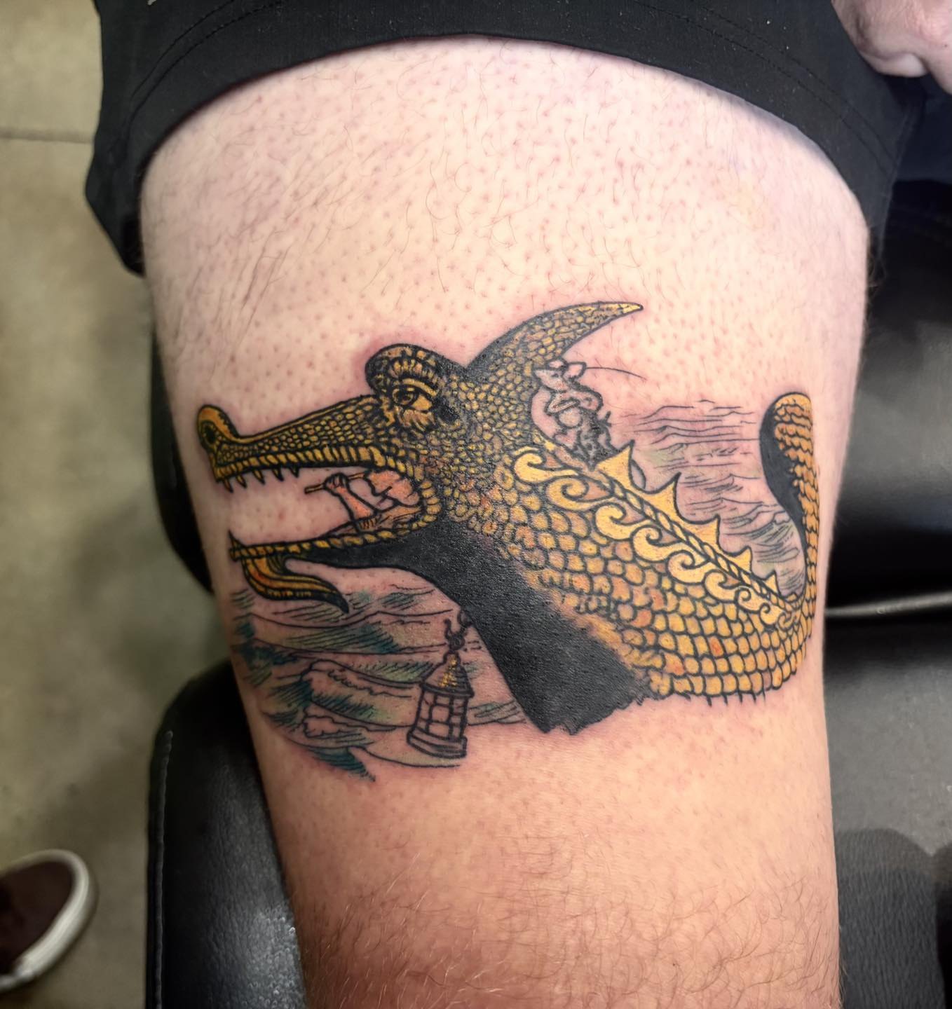 Serpent American traditional tattoo on the thigh by Josh O’ + Bird ☘️ 🪶