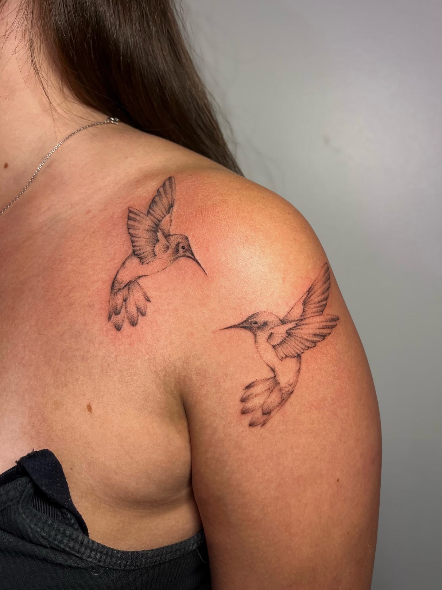 Hummingbirds black and grey tattoo on the shoulder by MK