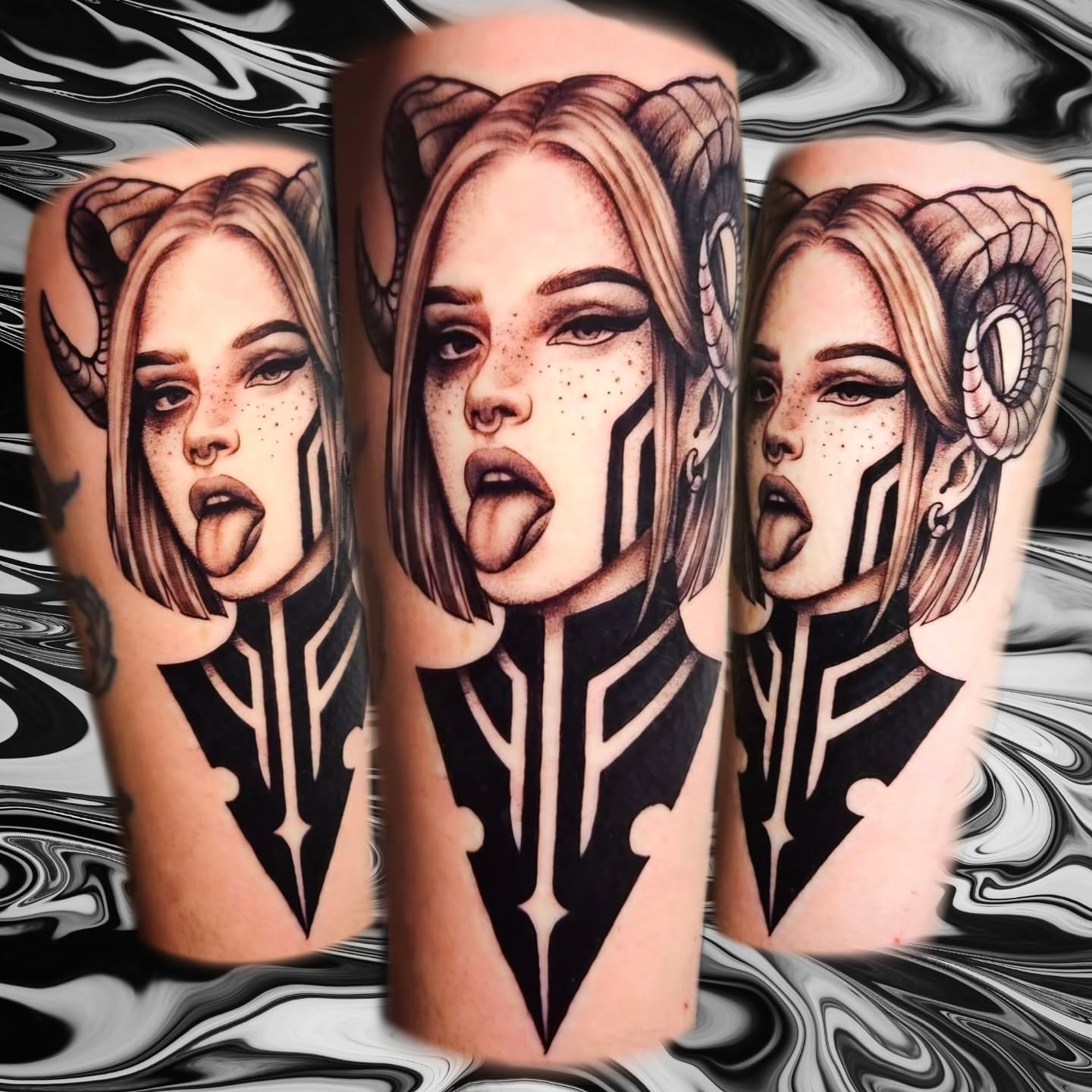 Woman with horns dotwork tattoo on the forearm by Isaac Morales