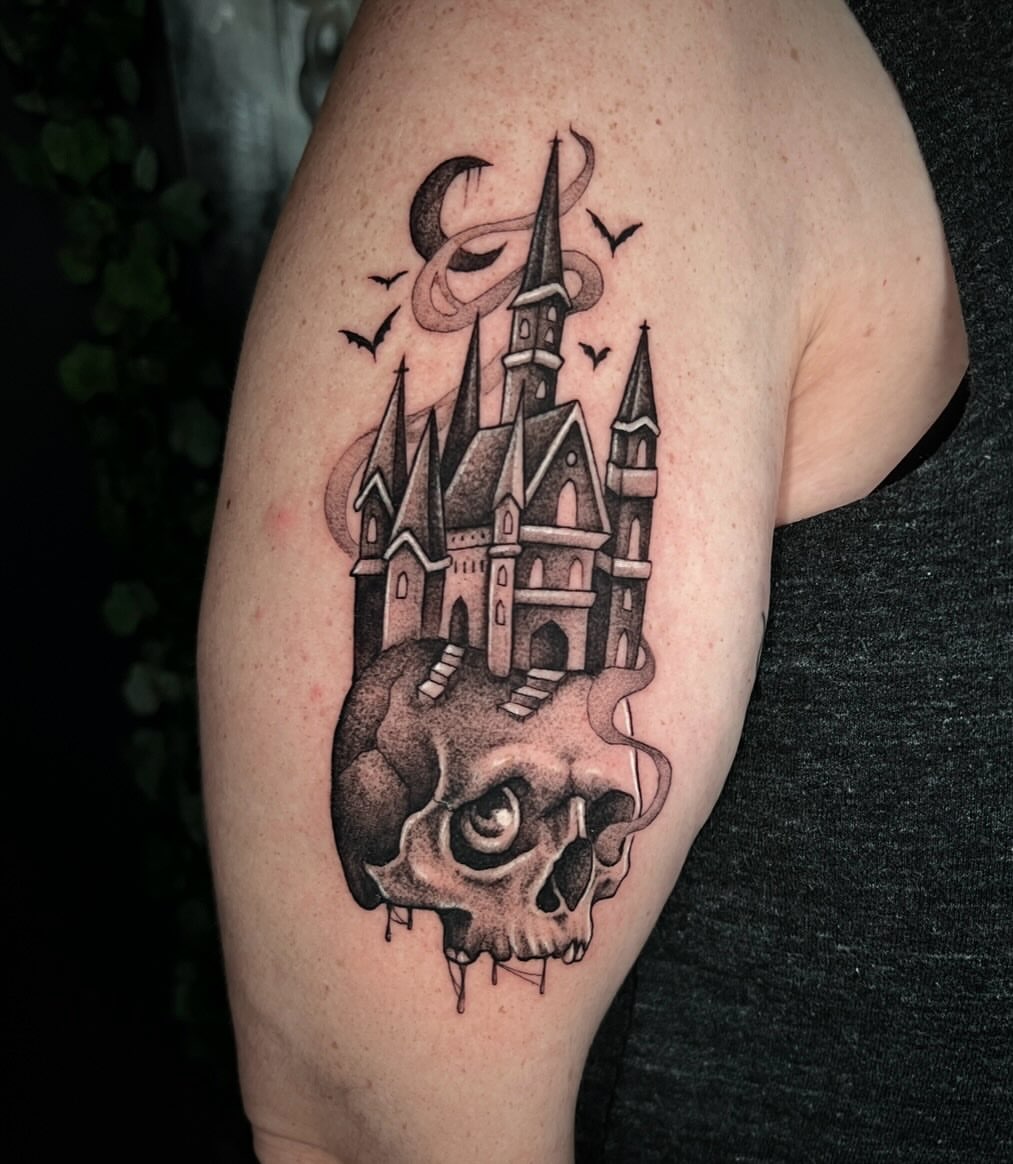 Castle on skull dark realism tattoo on the shoulder by π·ππ πππππ π·οΈ
