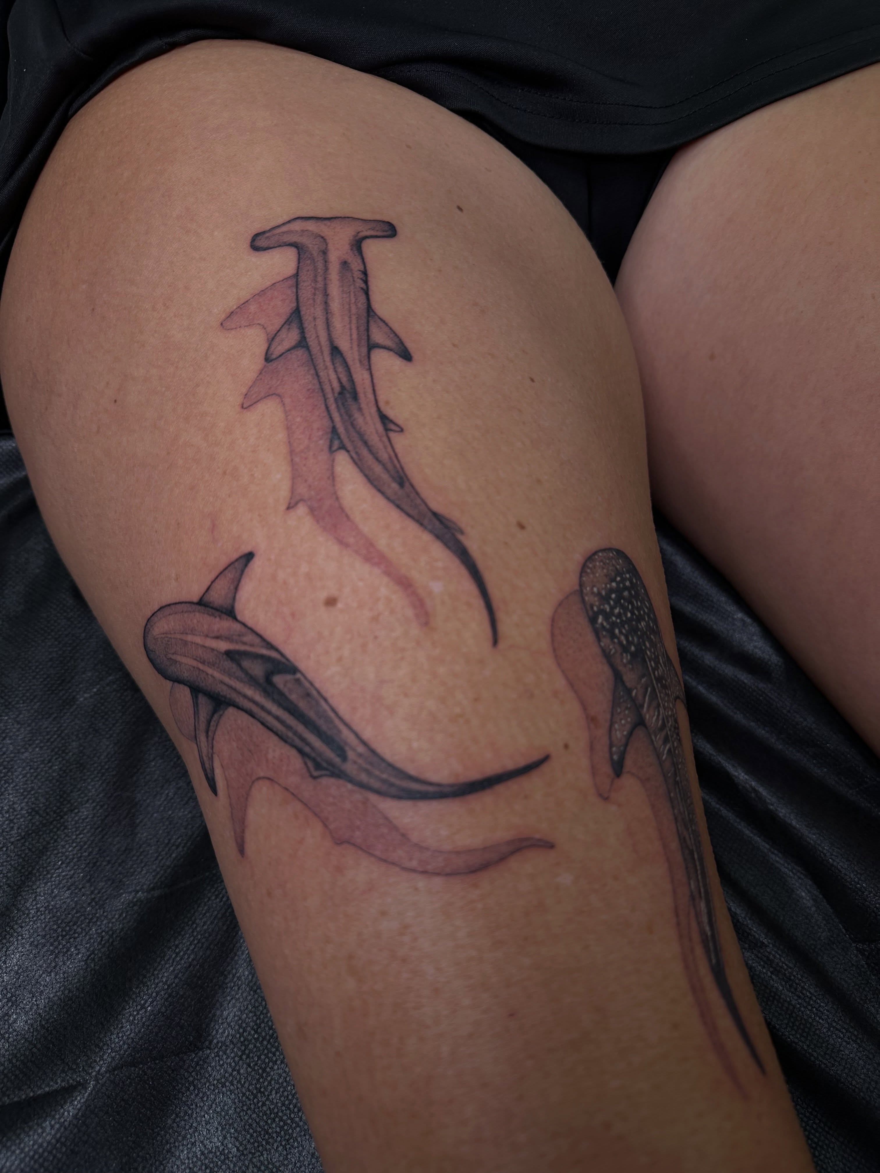 Sharks black and grey tattoo on the thigh by Ciera Farni, Murray, Utah
