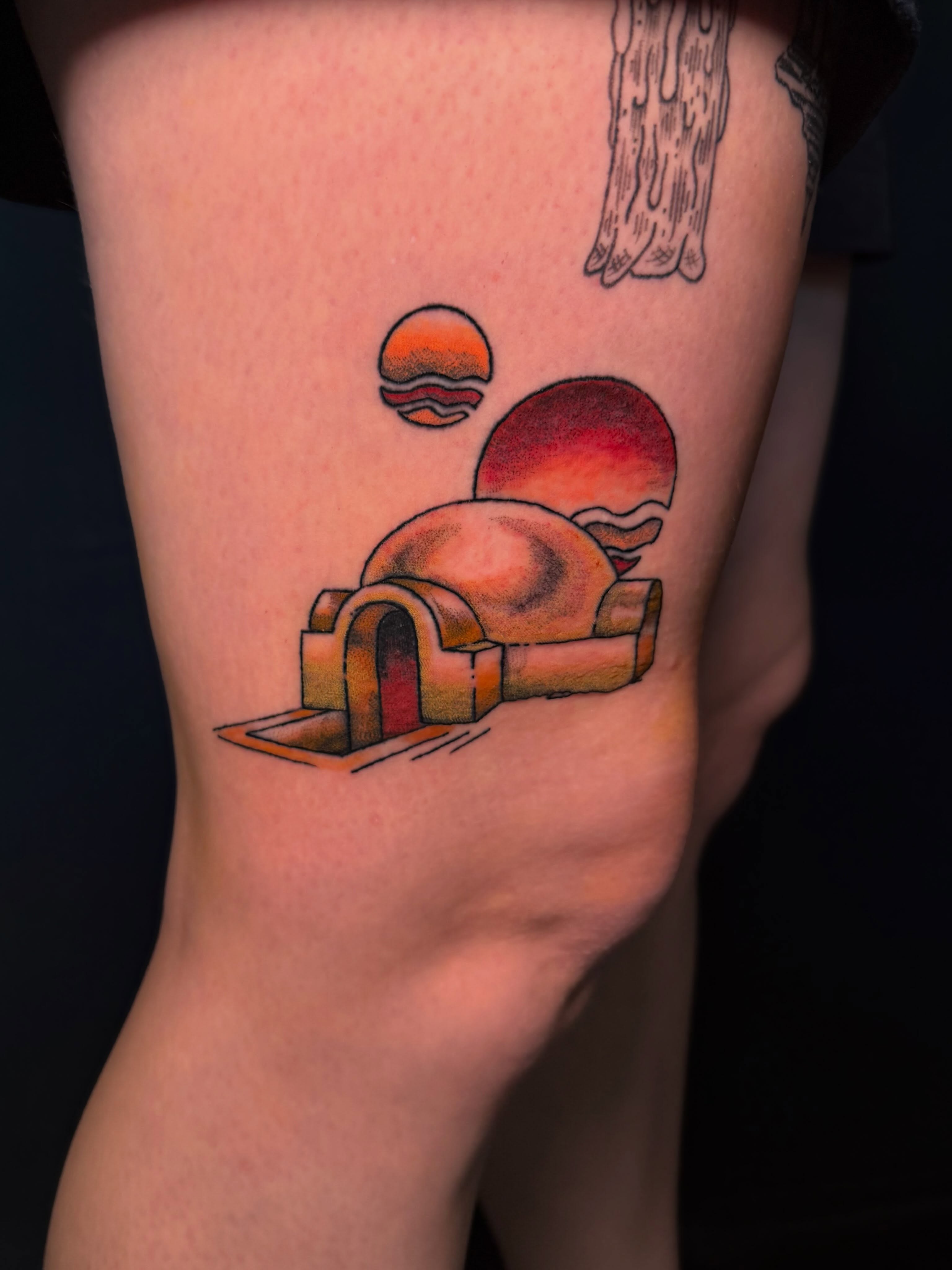 Igloo and sunset geometric tattoo on the forearm by Ivy-Jade Edwards, Memphis, Tennessee