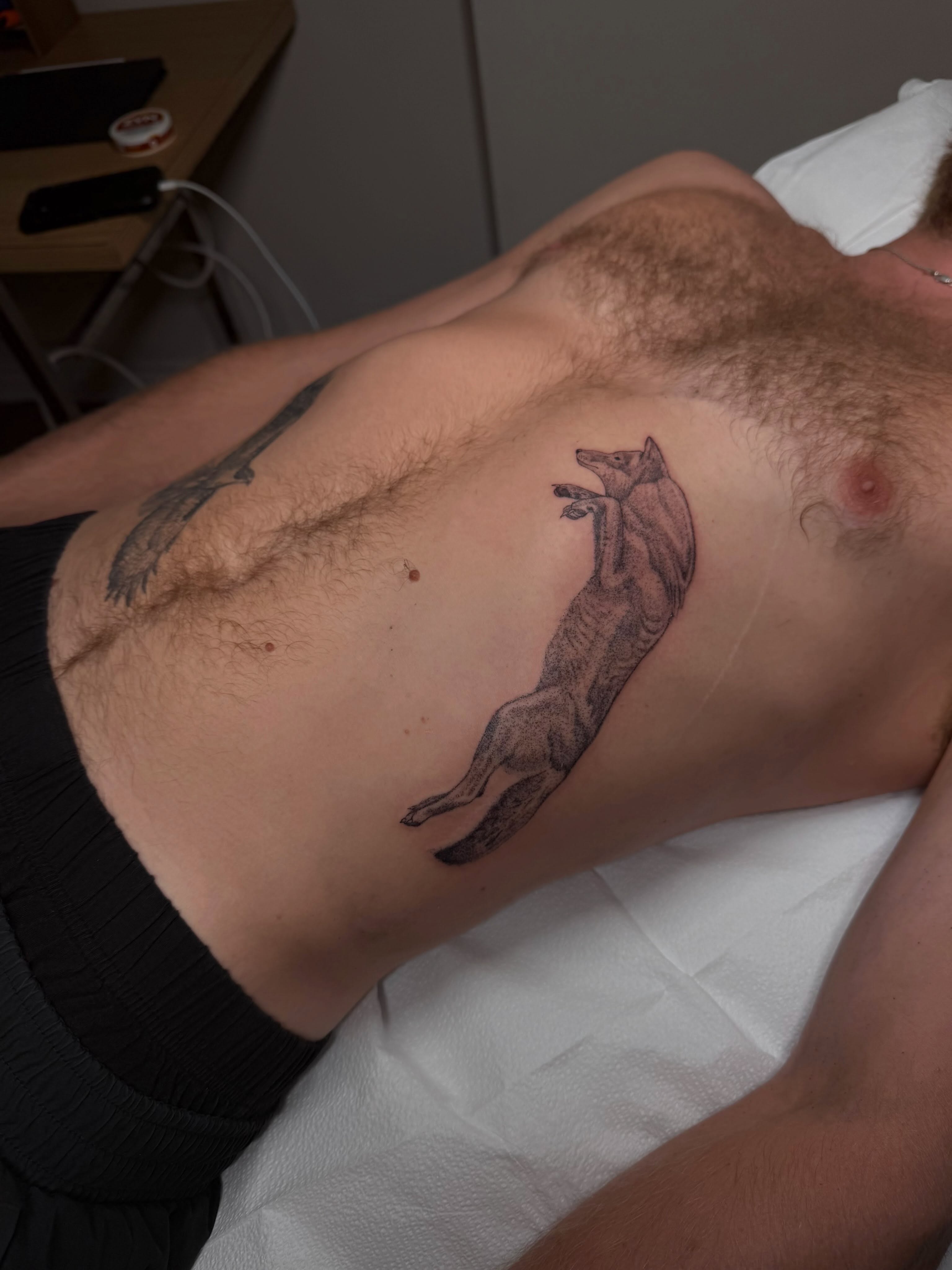 Fox black and grey tattoo on the chest by sarah bug