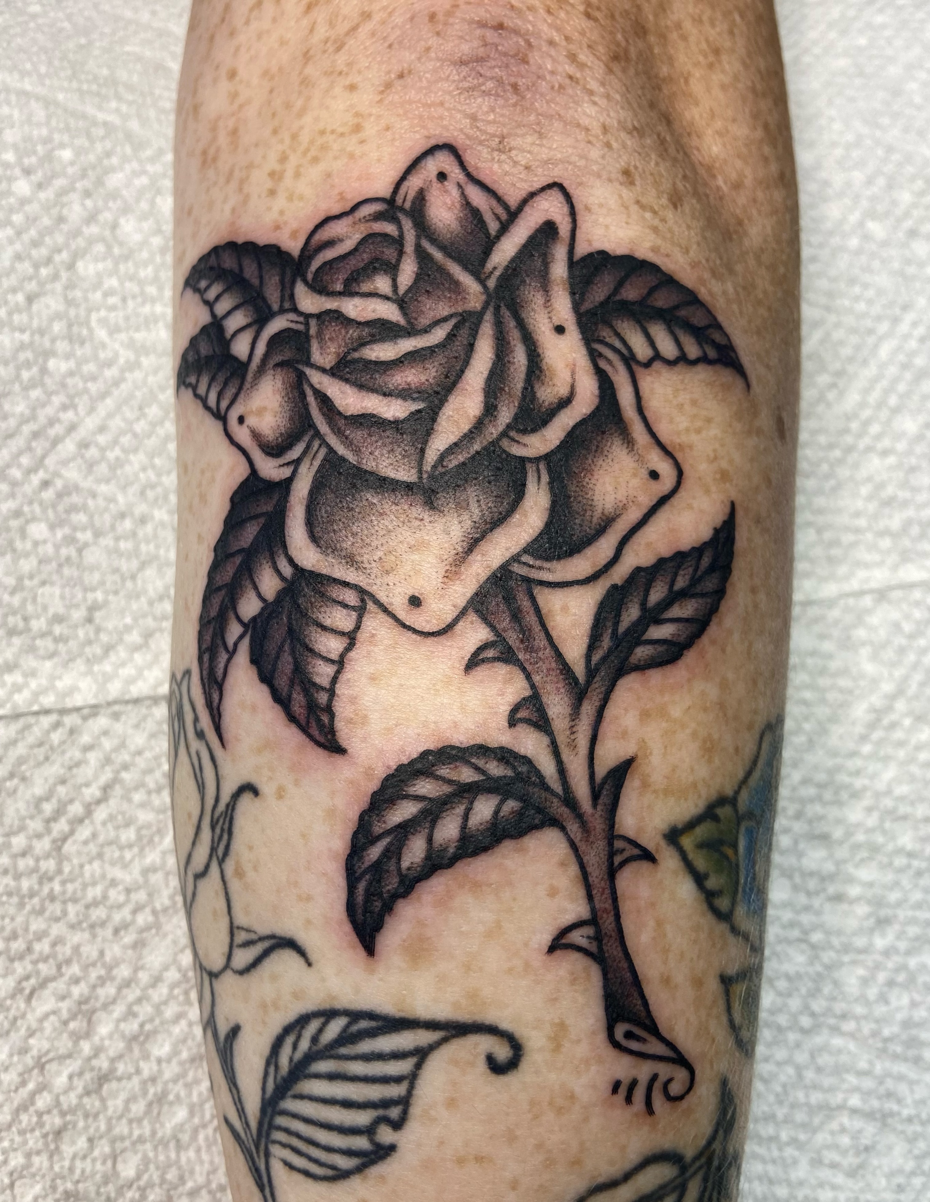 Rose black and grey tattoo on the forearm by R y a n S m i t h