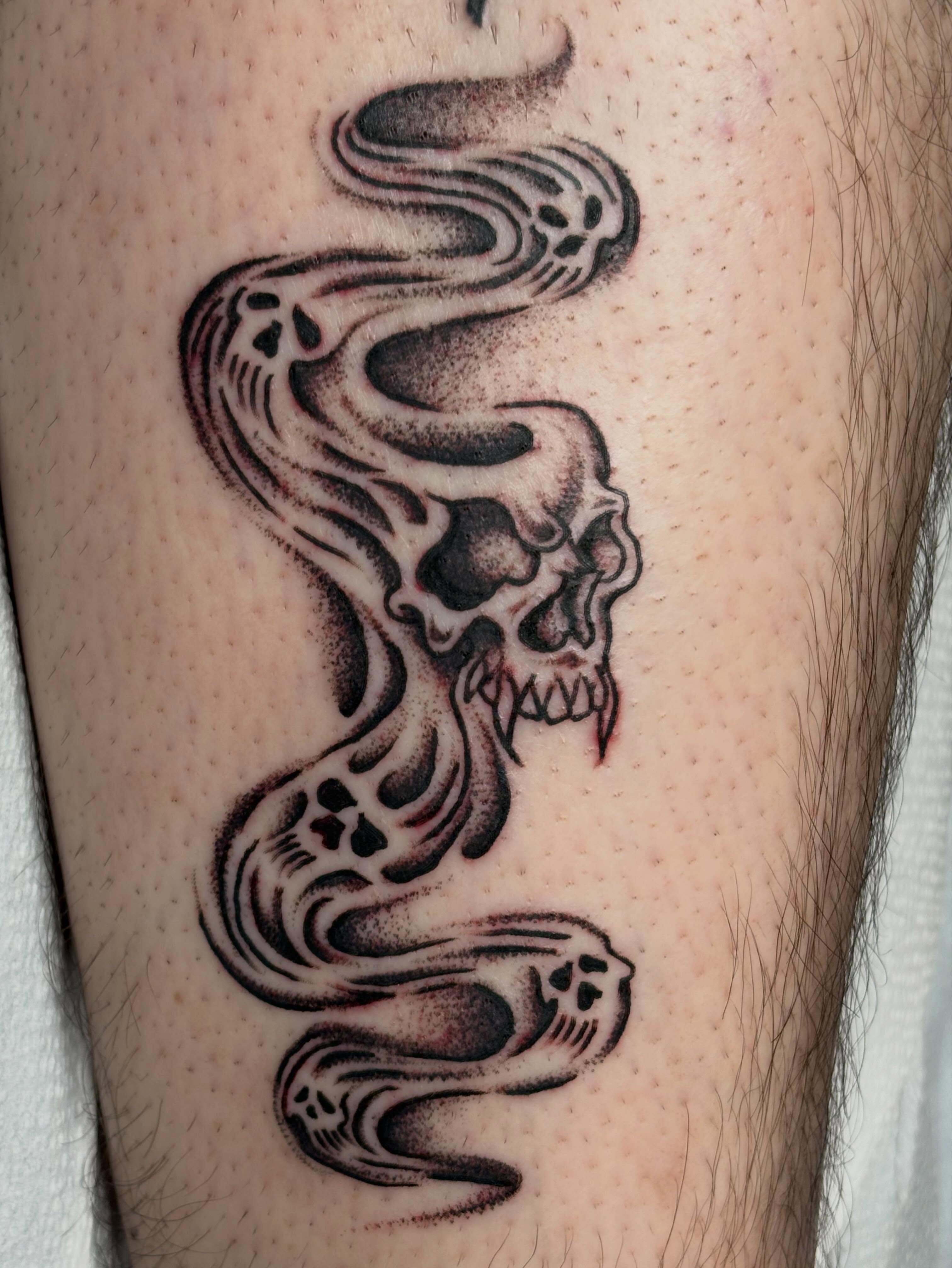 Skull and snake dotwork tattoo on the forearm by ☻︎ Cyd Precious ☹︎