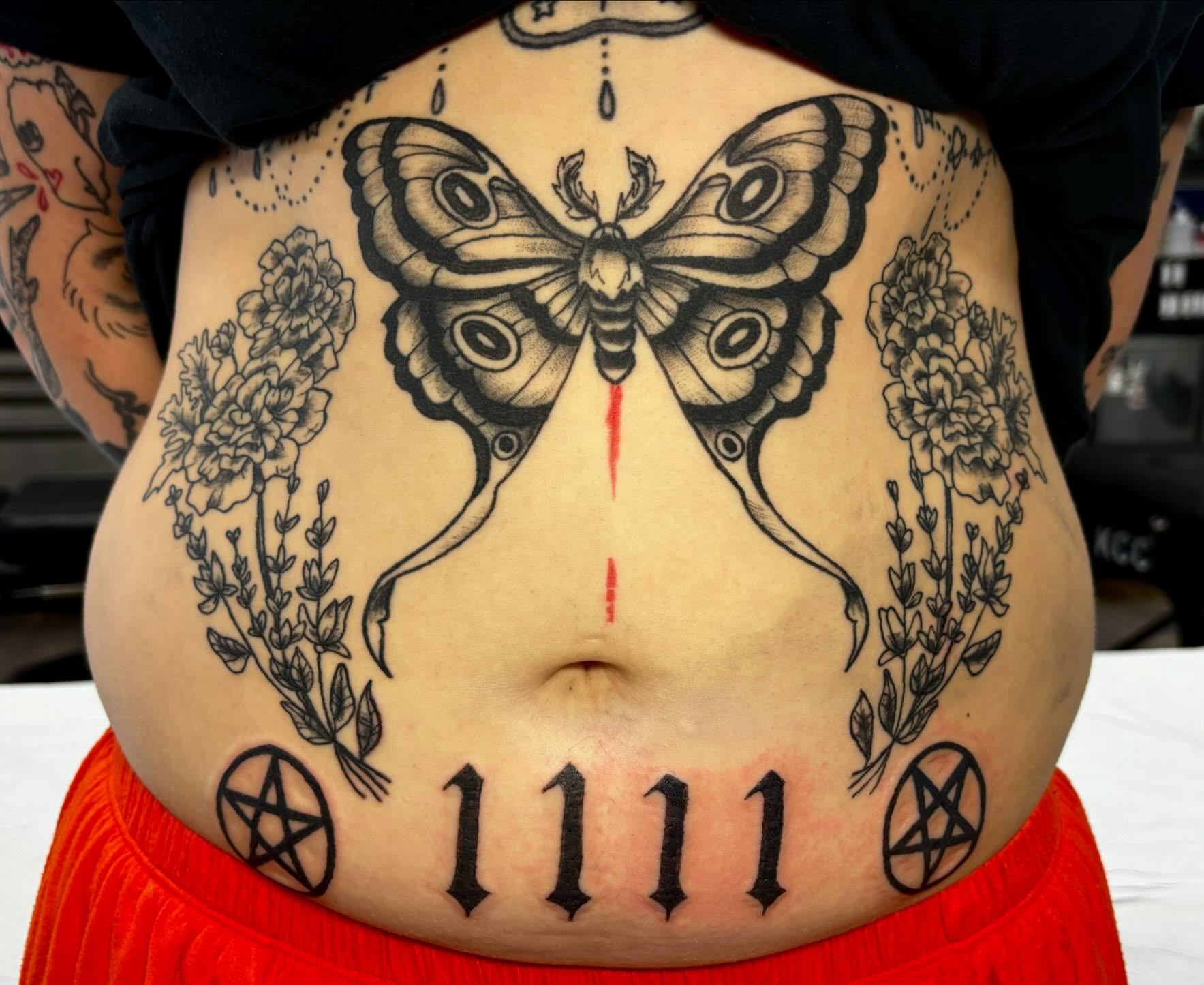 Butterfly and flowers geometric tattoo on the torso by ✮ ✄ star ✮ ✄