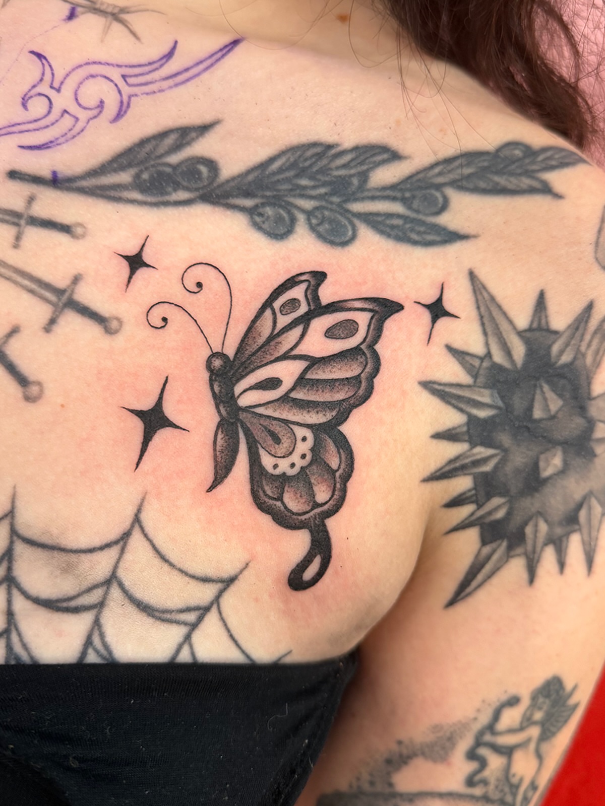 Butterfly black and grey tattoo on the shoulder by ☆ Sammy ☆