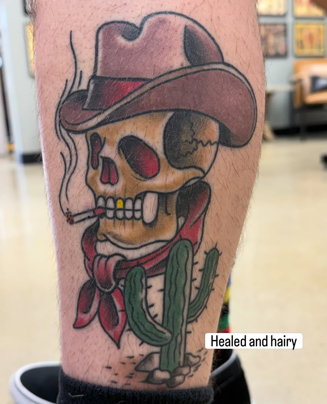 Cowboy skull American traditional tattoo on the forearm by Chris Smiseck