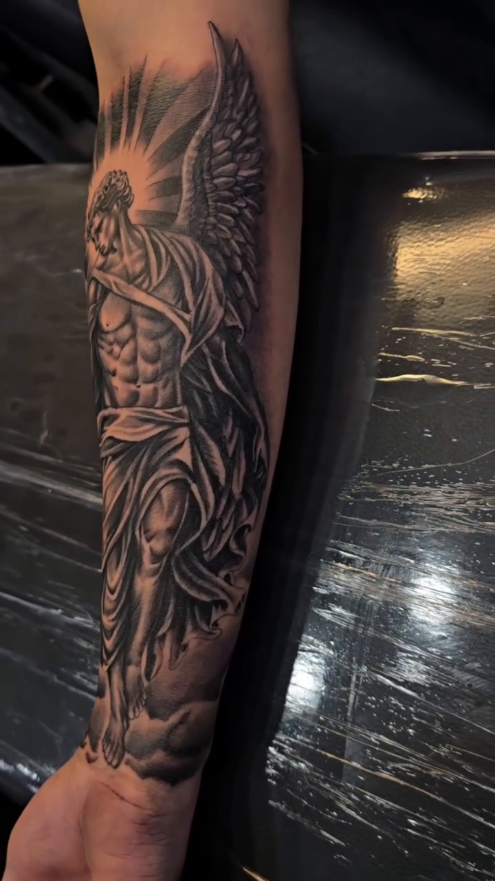 Angel realism tattoo by Richie Garcia, Hesperia, California