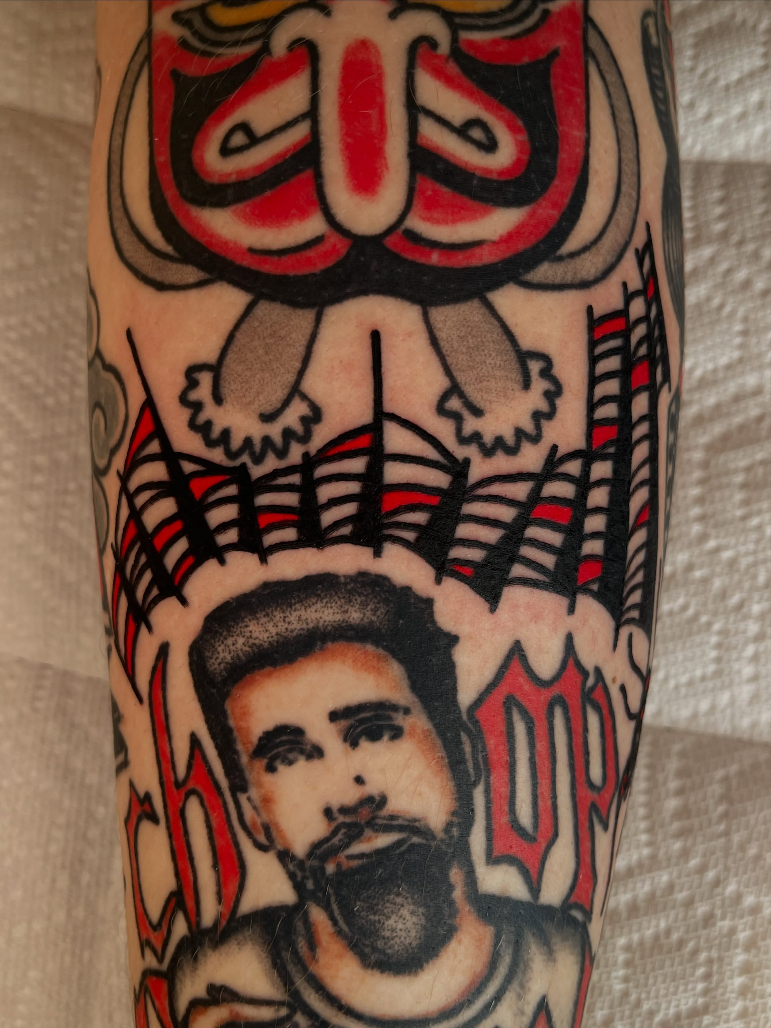 Portrait of a man American traditional tattoo on the forearm by Devyn Hightower