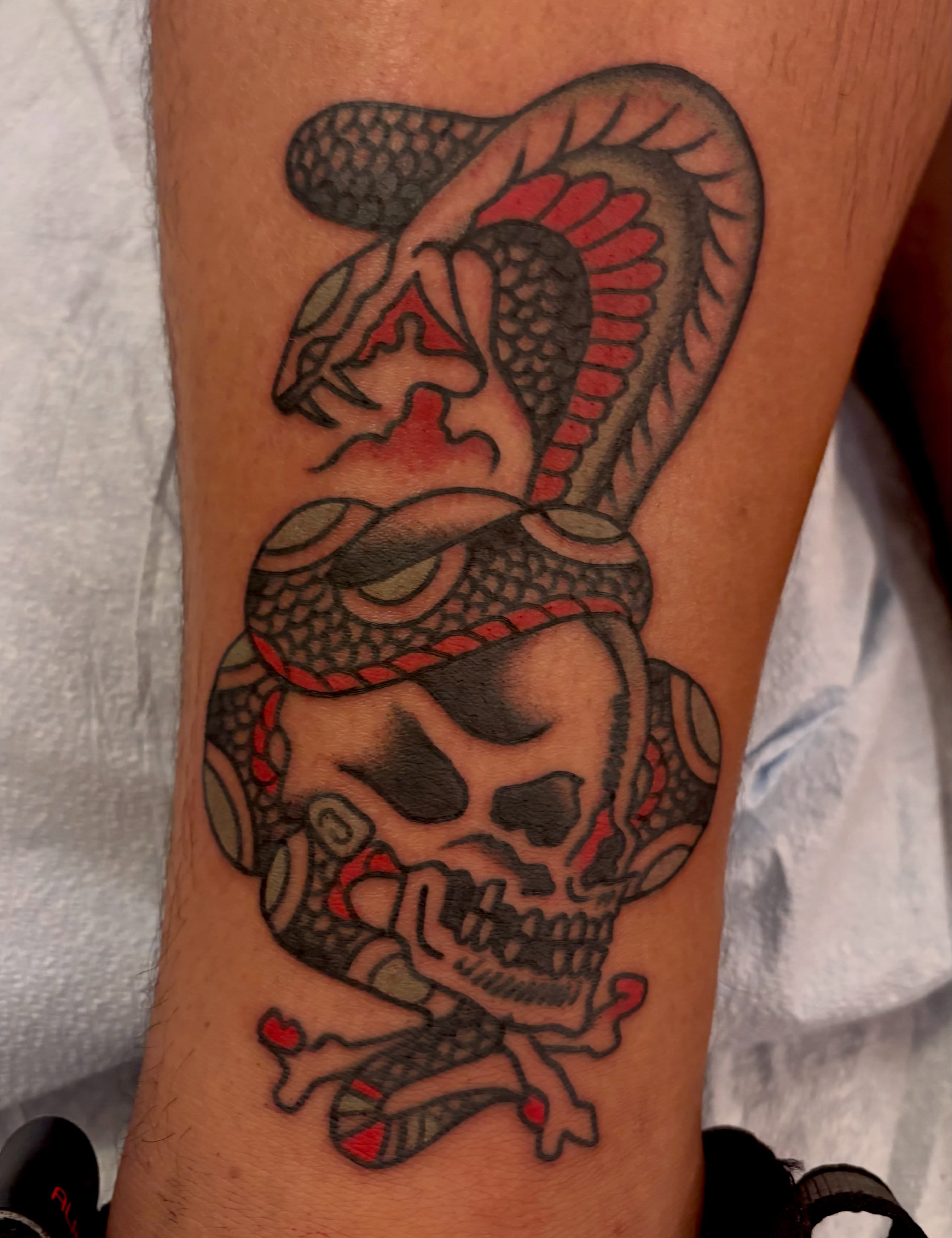 Skull and snake American traditional tattoo on the forearm by Shane Coslett