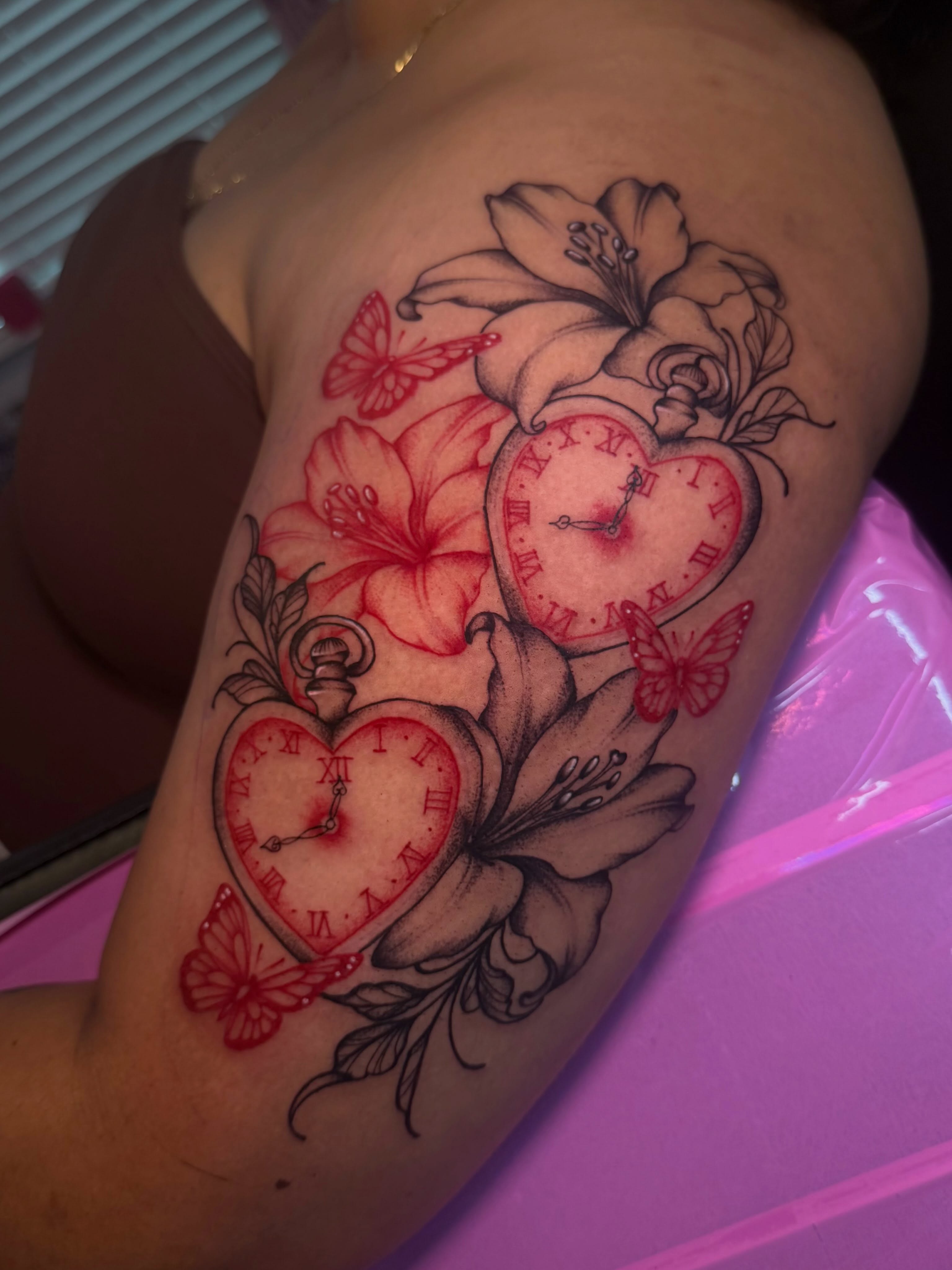 Heart clock American traditional tattoo on the thigh by πππππππ ππππππ π¨πππππ