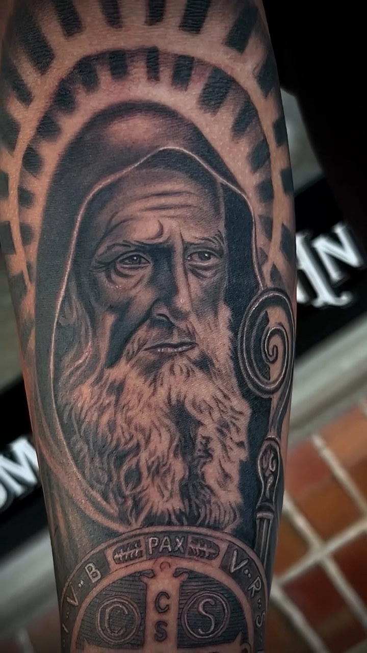 Saint Benedict realism tattoo by Kevyn Vidal