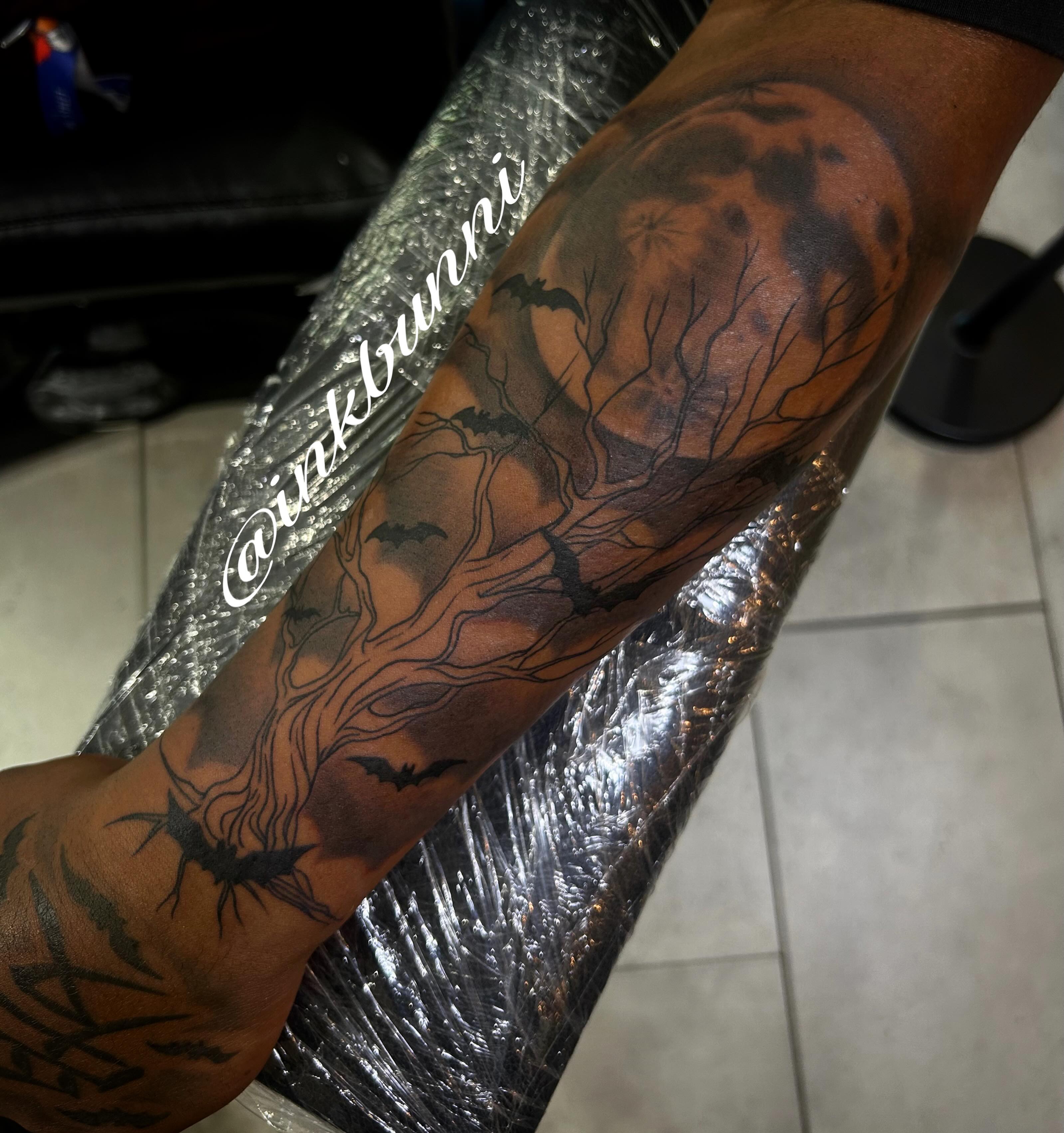 Tree and moon black and grey tattoo on the forearm by Hailey Aka inkbunni, Detroit, Michigan