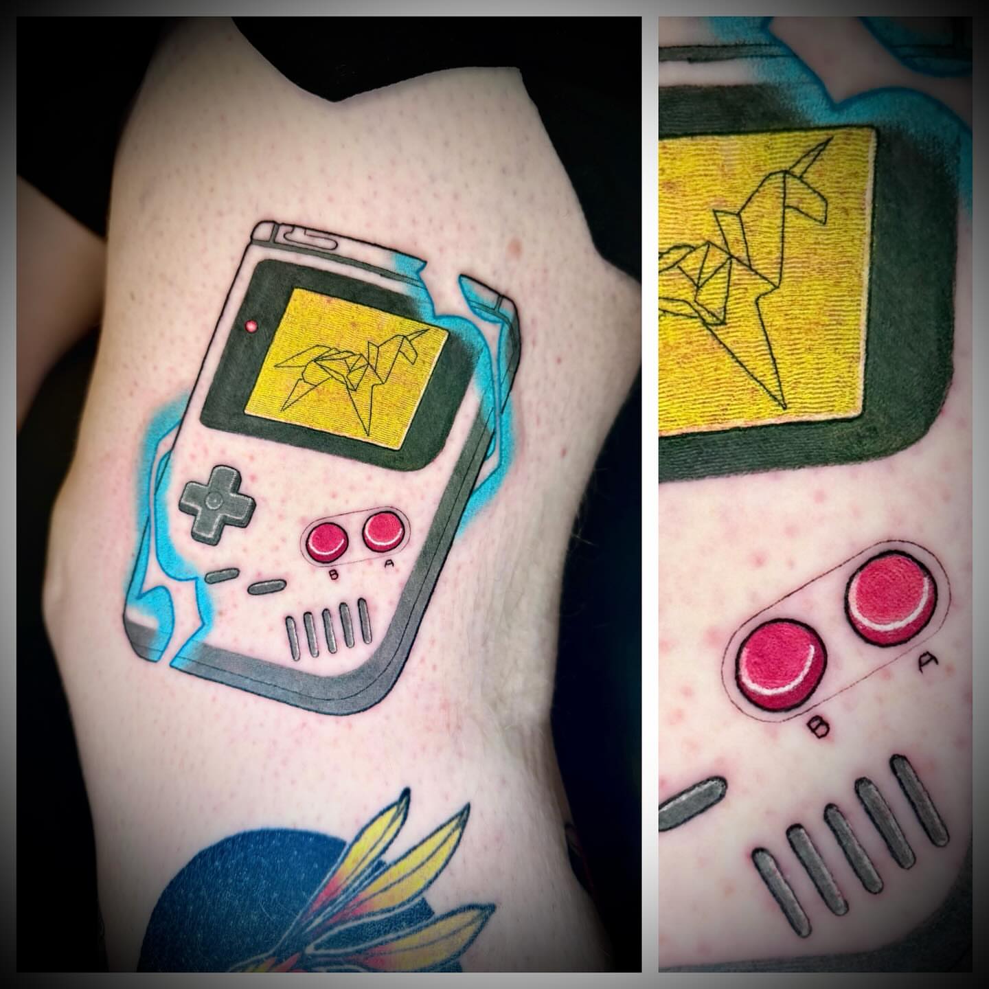 Game boy with origami crane geometric tattoo on the forearm by Steve Hooker