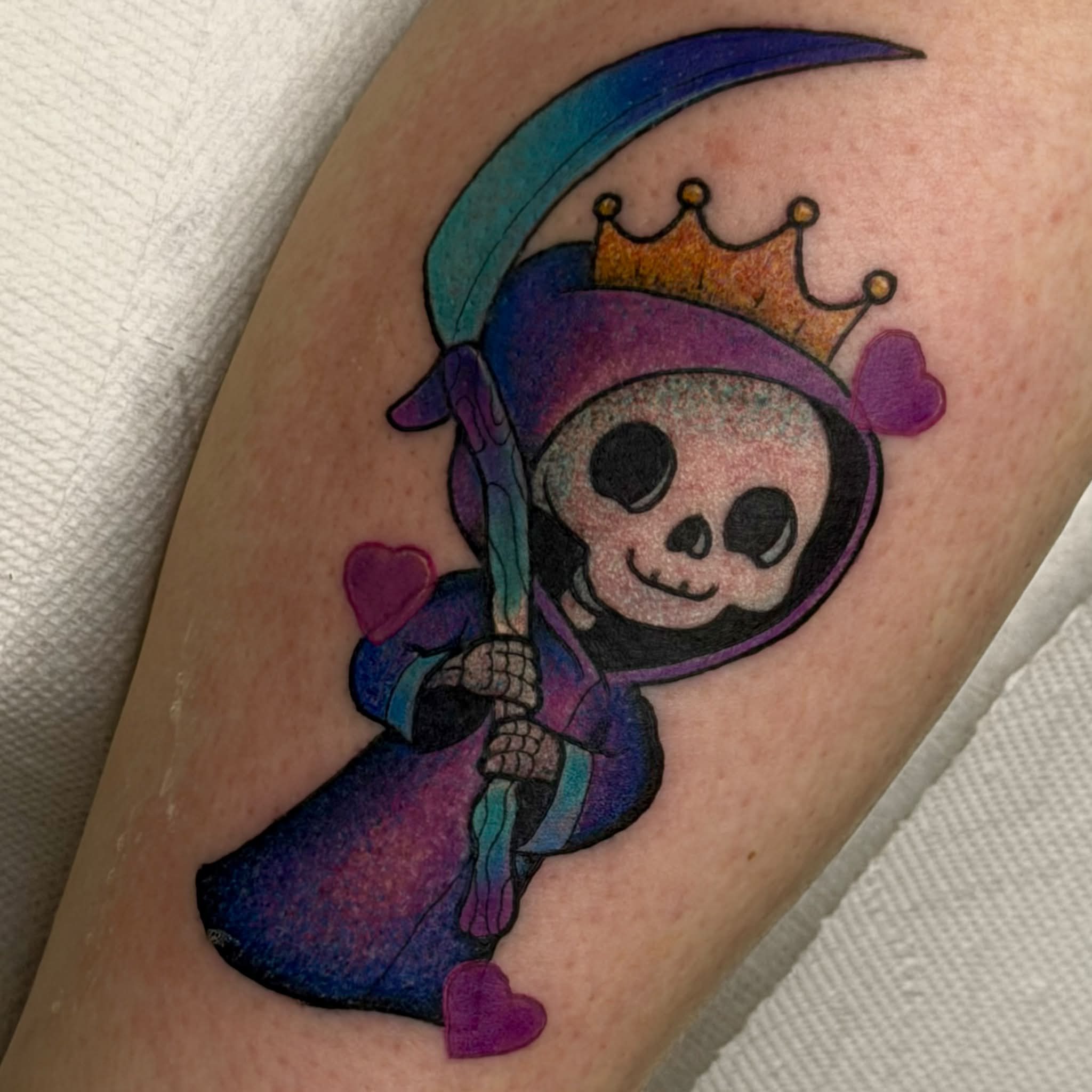 Grim reaper new school tattoo on the forearm by Kenneth Prince