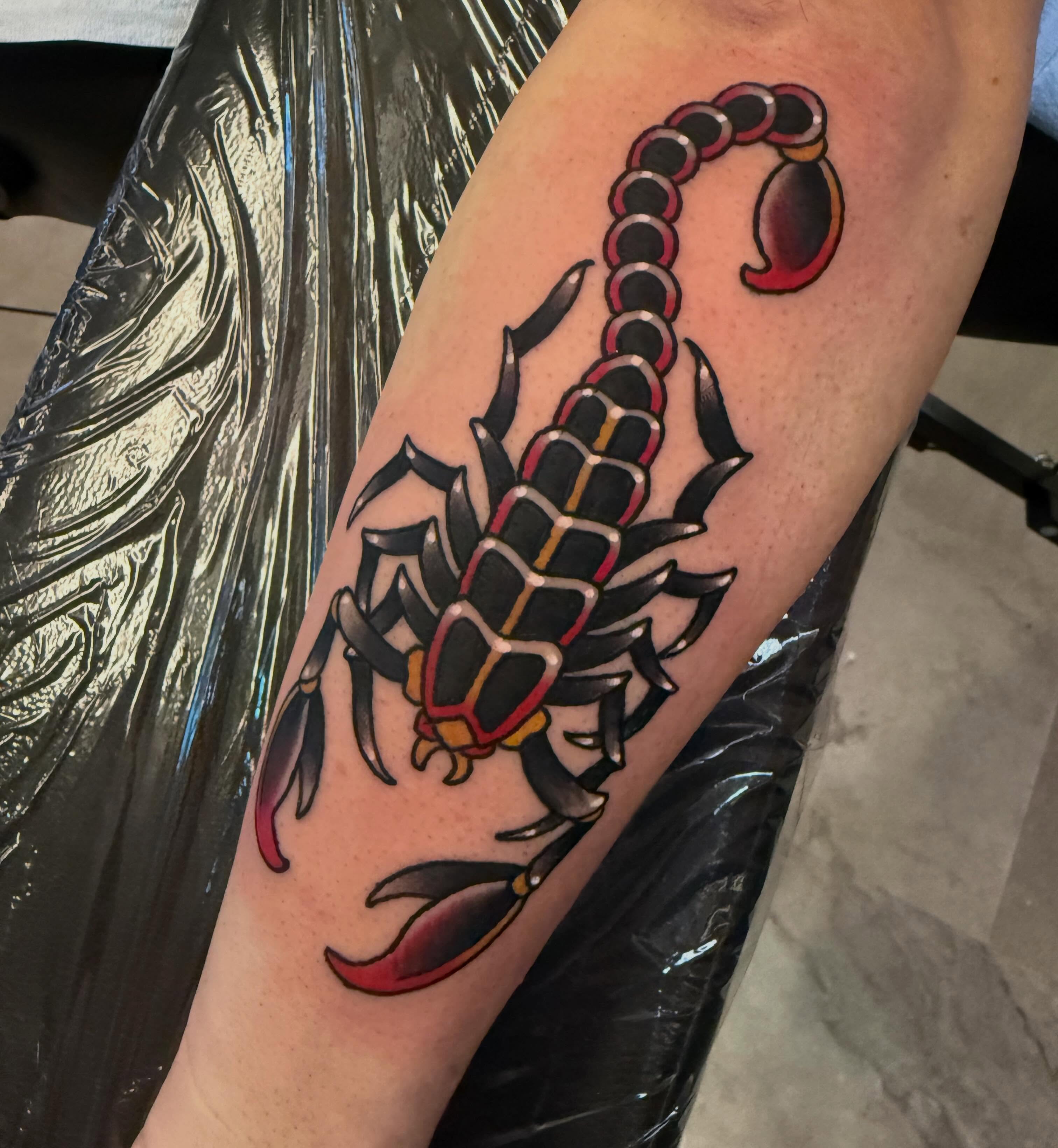 Scorpion American traditional tattoo on the forearm by Kyle Behr