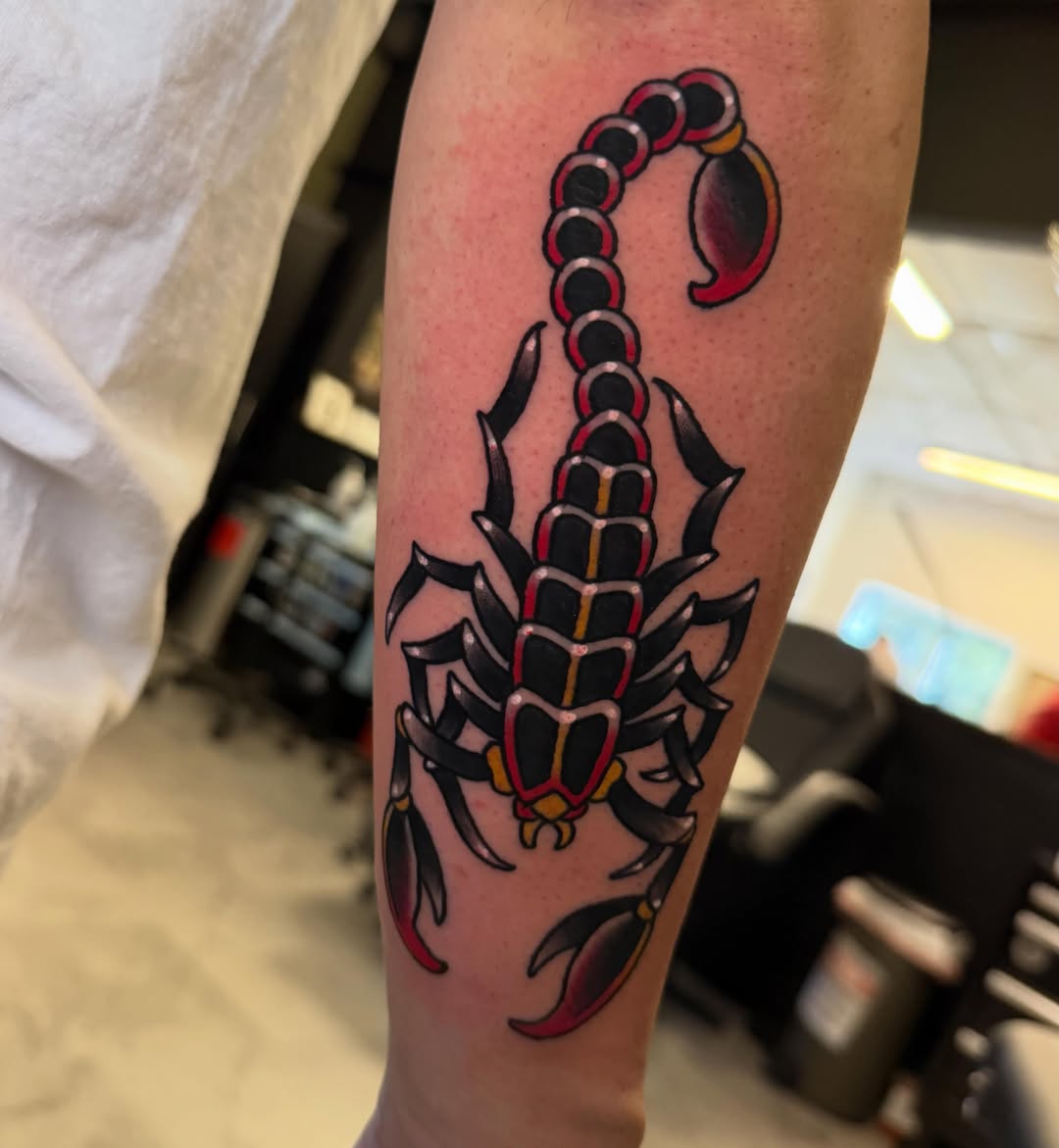 Scorpion American traditional tattoo on the forearm by Kyle Behr