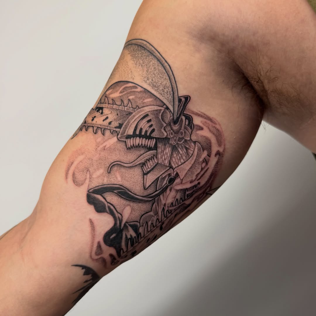 Tattoo by @flying_tiger_social_club — dotwork, black_and_grey