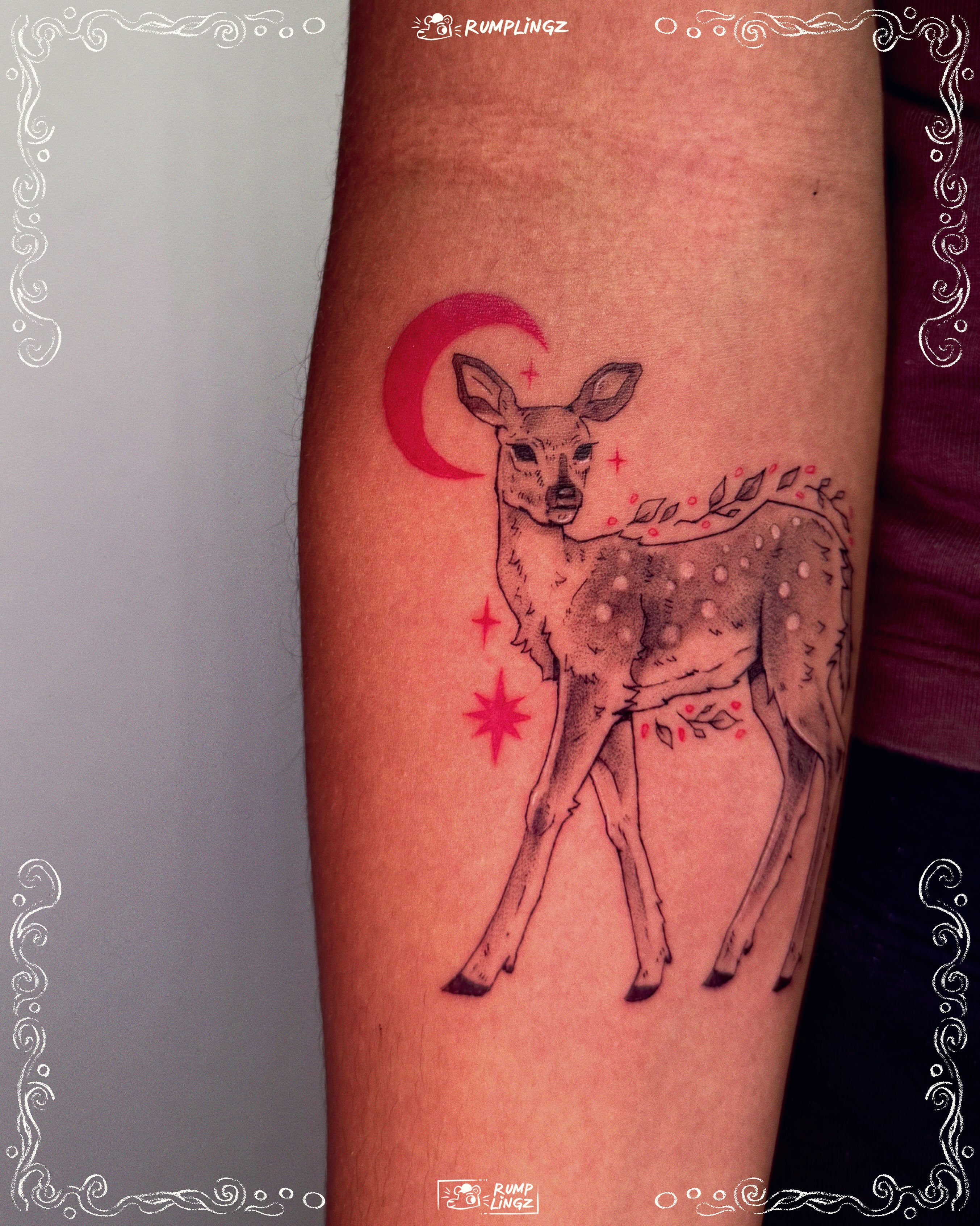 Deer and crescent moon dotwork tattoo on the forearm by 💗Rin tattoos💗