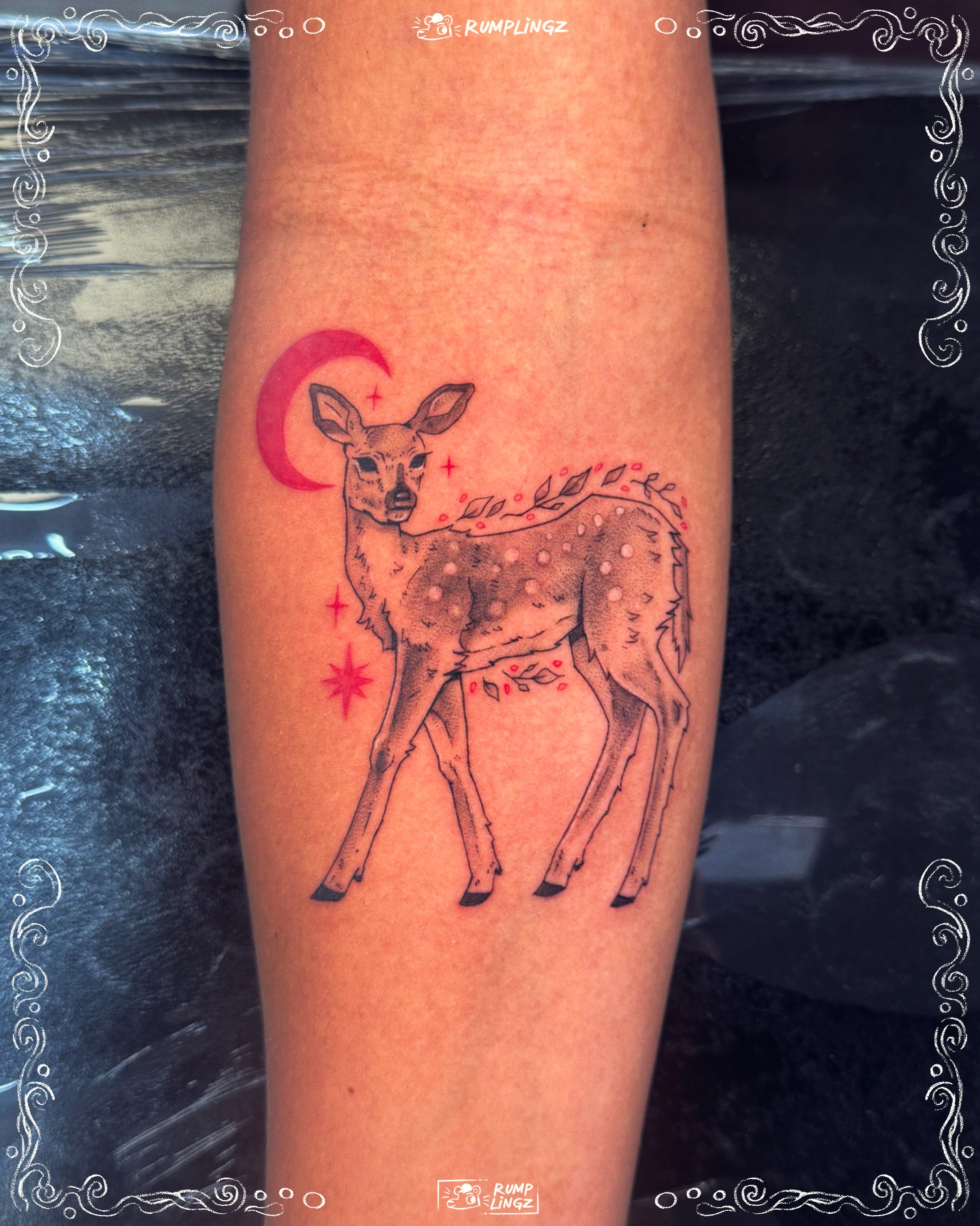 Deer and crescent moon dotwork tattoo on the forearm by 💗Rin tattoos💗